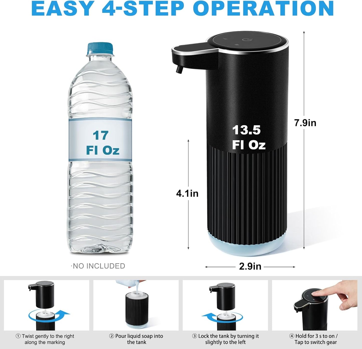 Automatic Soap Dispenser, 2 Pack Black Touchless Liquid Soap Dispenser for Bathroom, 13.5 Fl Oz Plastic Electric Auto Dish Soap Dispensers Wall Mount for Kithcen with Adjustable Volume