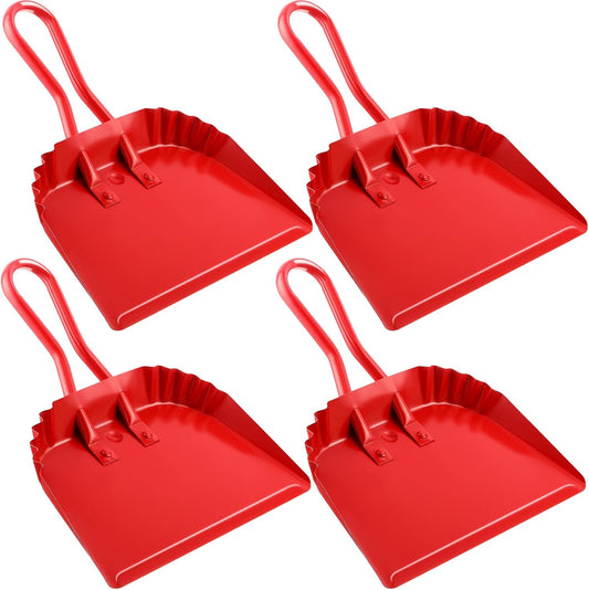 Mumufy 4 Pack 12 inch Heavy Duty Metal Dustpan Large Wide Dust Pans for Household Handheld Wide Scooper and Debris Cleaning Tool Ideal for Home and Commercial Use(Red)