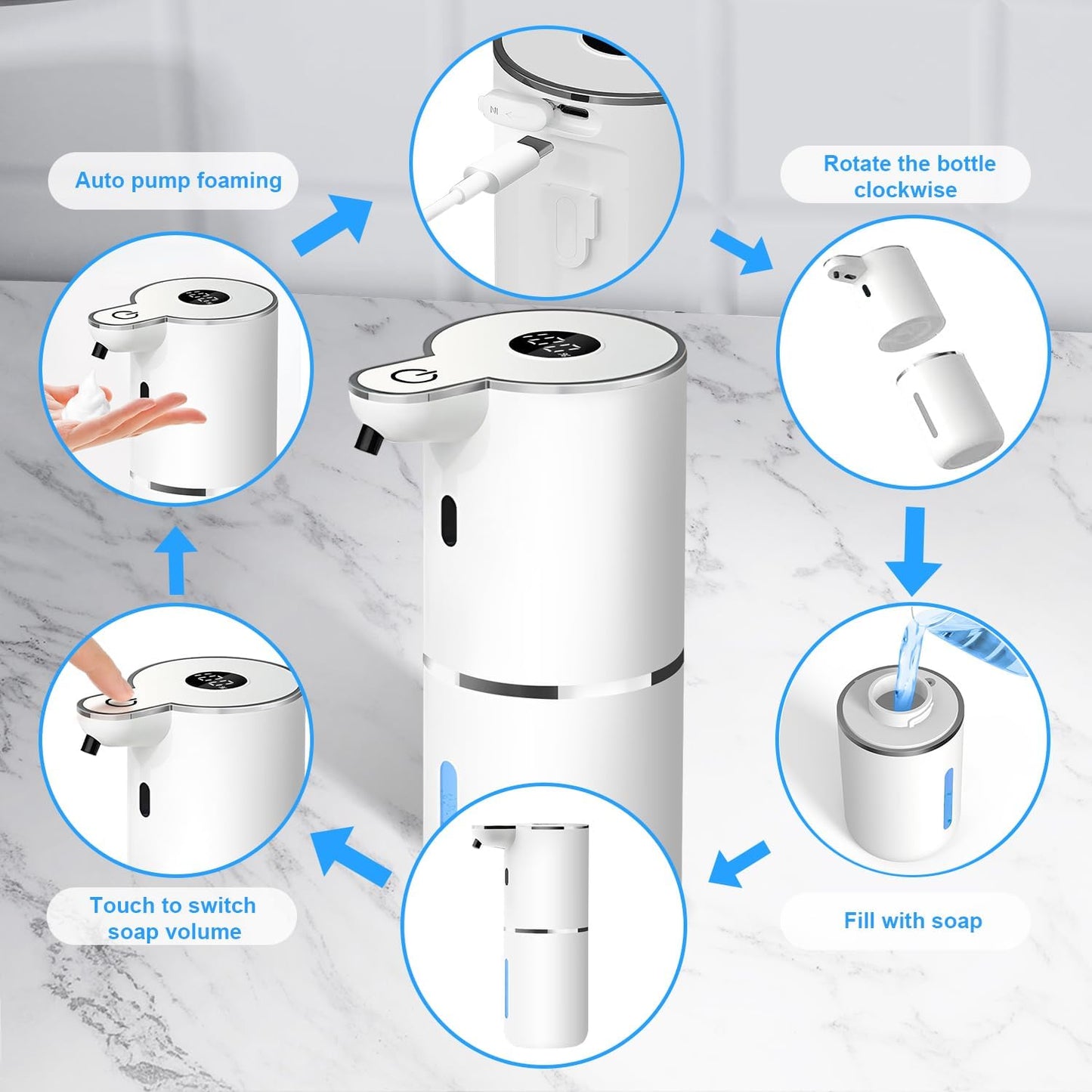 Automatic Foaming Soap Dispenser,6 Level Adjustable Foam, Wall Mount Soap Dispenser,USB Rechargeable with LED Display,12.8oz/ 380ml Touchless Hand & Dish Dispenser for Bathroom, Kitchen