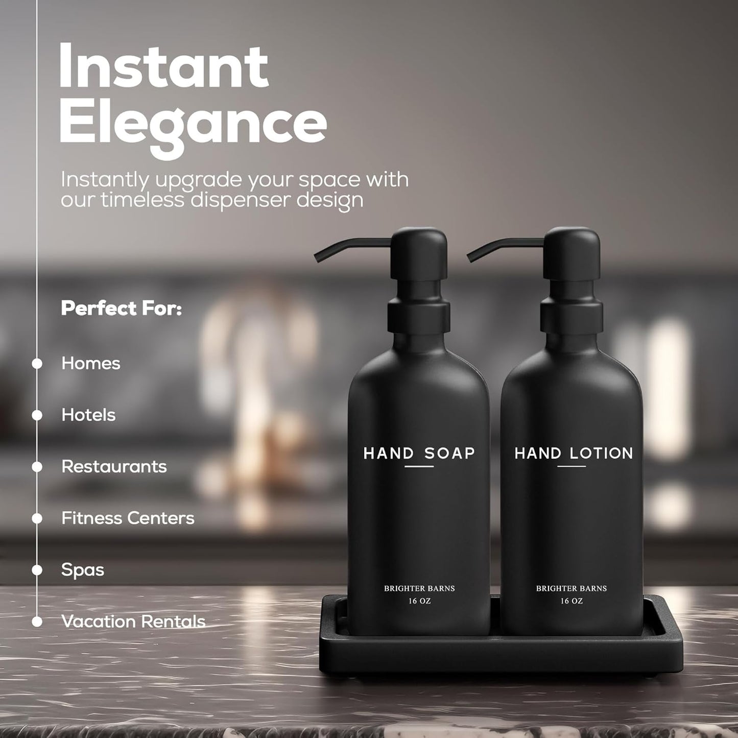 Black Glass Soap and Lotion Dispenser Set with Tray by Brighter Barns - Hand Soap Dispenser Bathroom Set & Stainless Steel Pump for Home - Modern Bathroom Accessories, Modern Decor (Black)