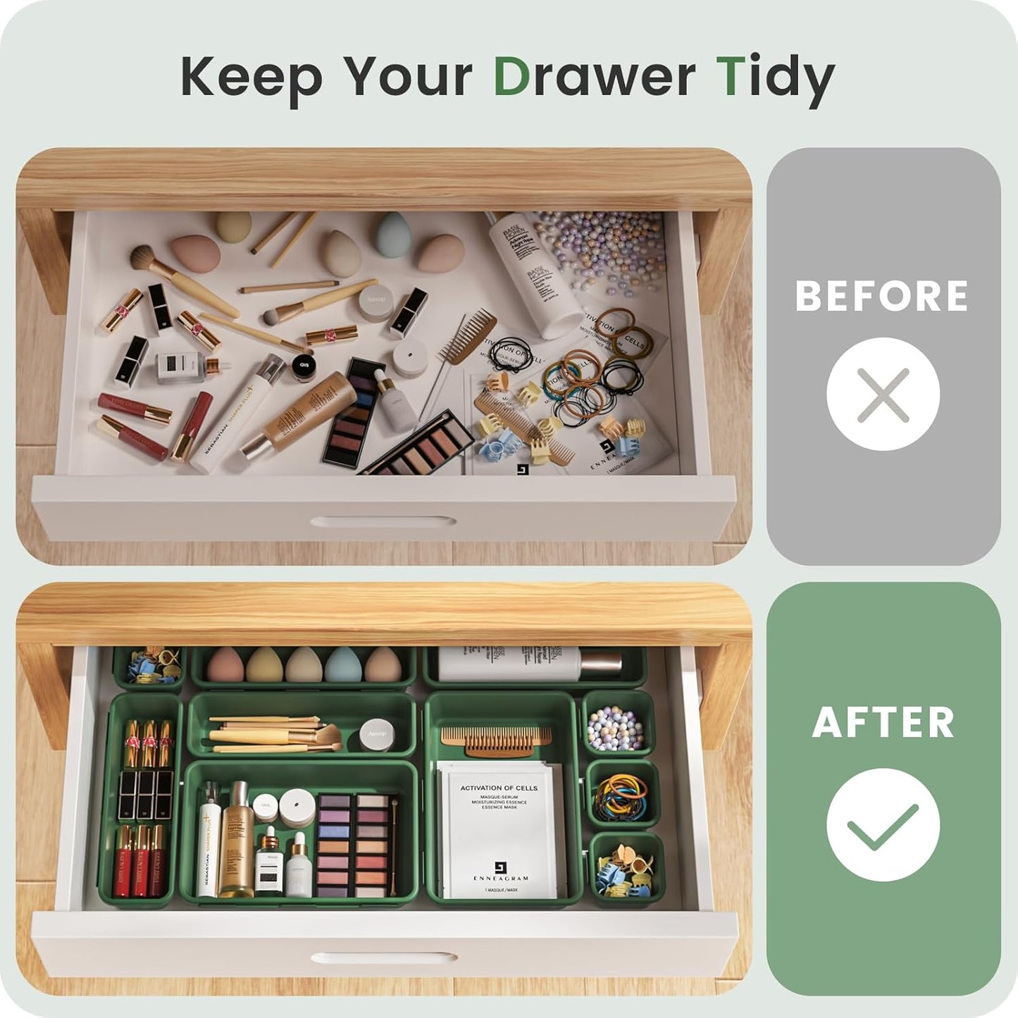 A-LuGei 【28PCS】 Drawer Organizer, Bathroom Organizers and Storage, Makeup organizer, Desk drawer organizer, Storage Bins for Kitchen Office Bedroom Vanity Jewelry Pantry Garage【ArmyGreen】【4Size】