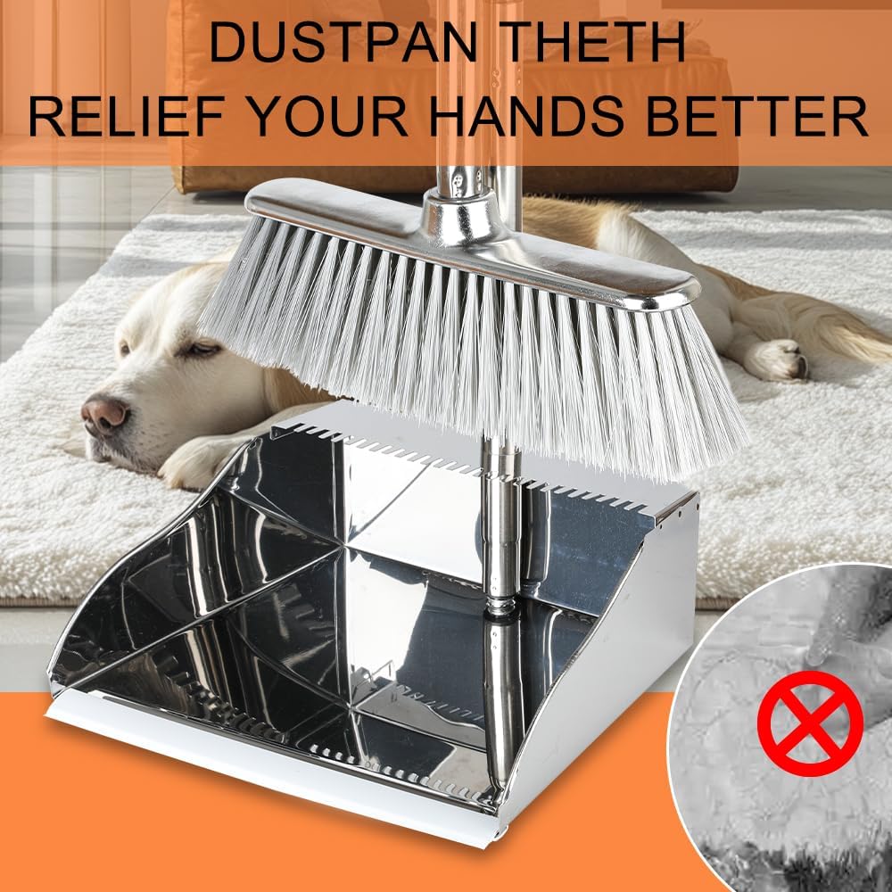 Broom and Dustpan Set,Soft Bristles Indoor Kitchen Broom with Stainless Steel Dustpan ，Metal Dust Pan，Silvery White, Suitable for Ceramic Tiles, Solid Wood, Composite Flooring