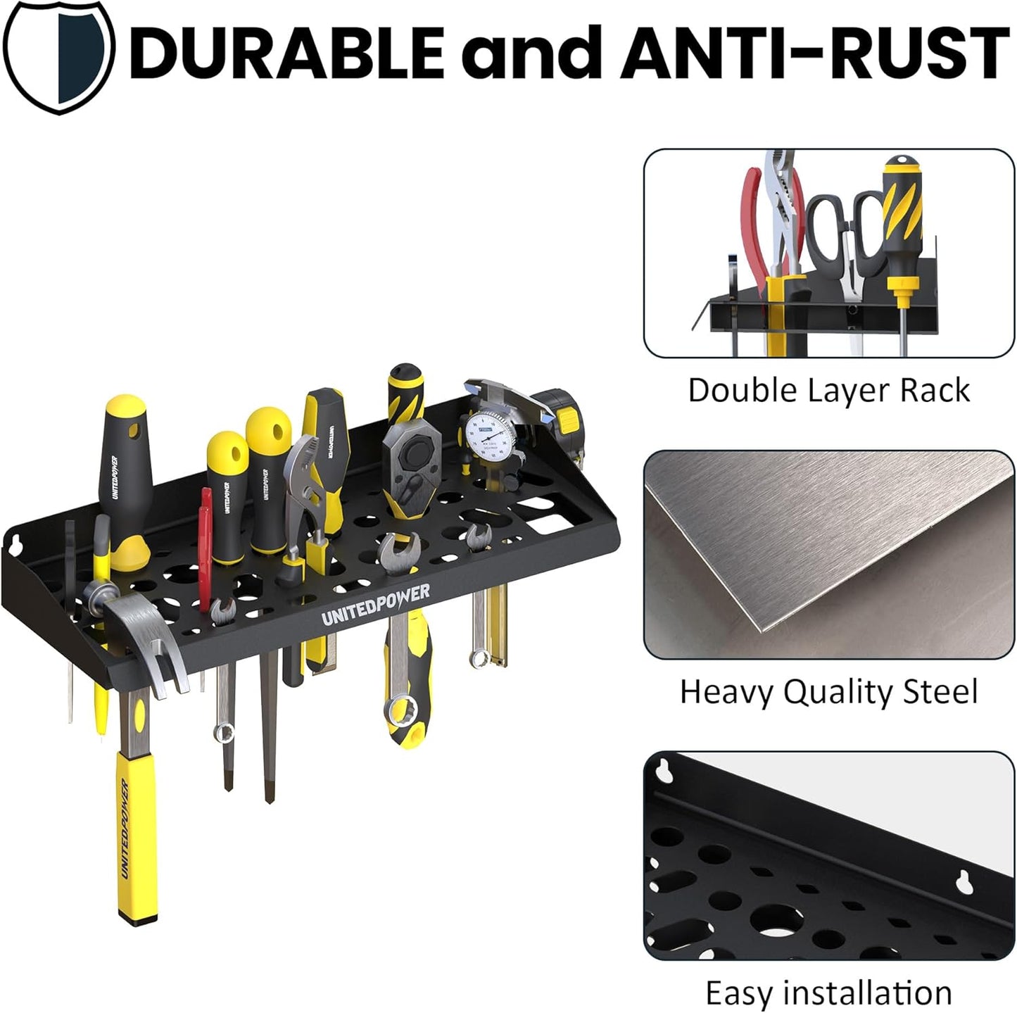 UNITEDPOWER Wall Mount Tool Storage Rack, Screwdriver Holder, Pliers Organizer, Wrench Utility Shelf, 51 Holes for Variety of Small Hand Tools, Workshop, Shed, Garage, Home