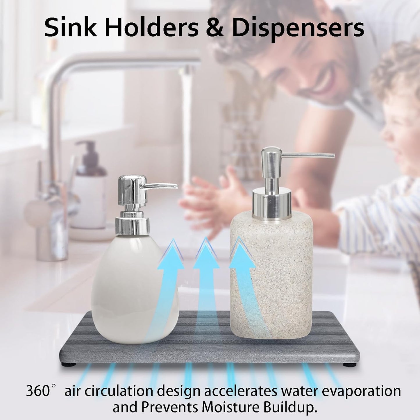Set of 3 Diatomite Hand Soap Holder, Water Absorbing Stone Tray for Kitchen Countertop, Fast-Drying Bathroom Trays(1pcs 22 x 10cm + 2pcs 10 x 10cm Grey)