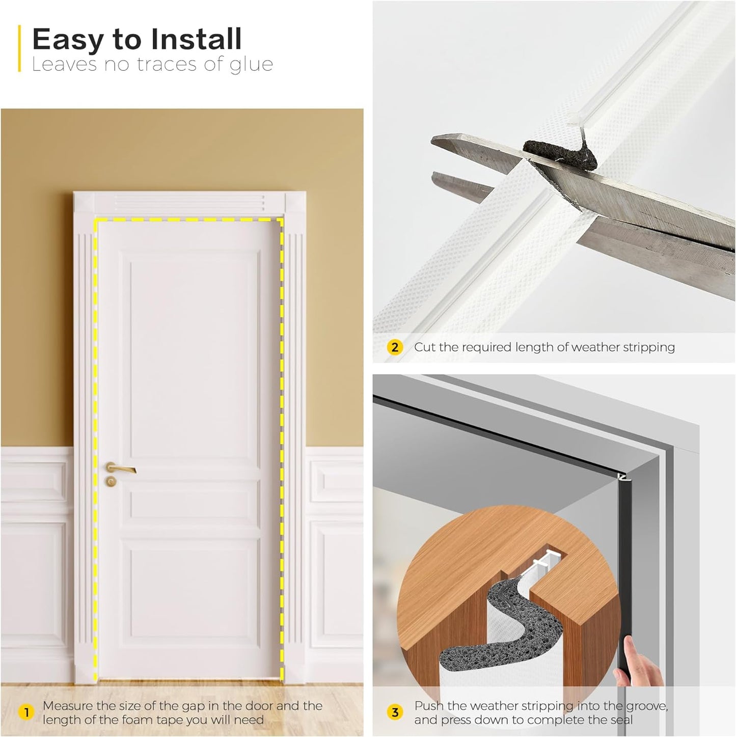 Weather Stripping Door Seal Strip - Soundproof Q-Shaped Foam for Exterior Door Frame, Large Gap Seal, Noise Cancelling, Easy to Install (White, 60FT)