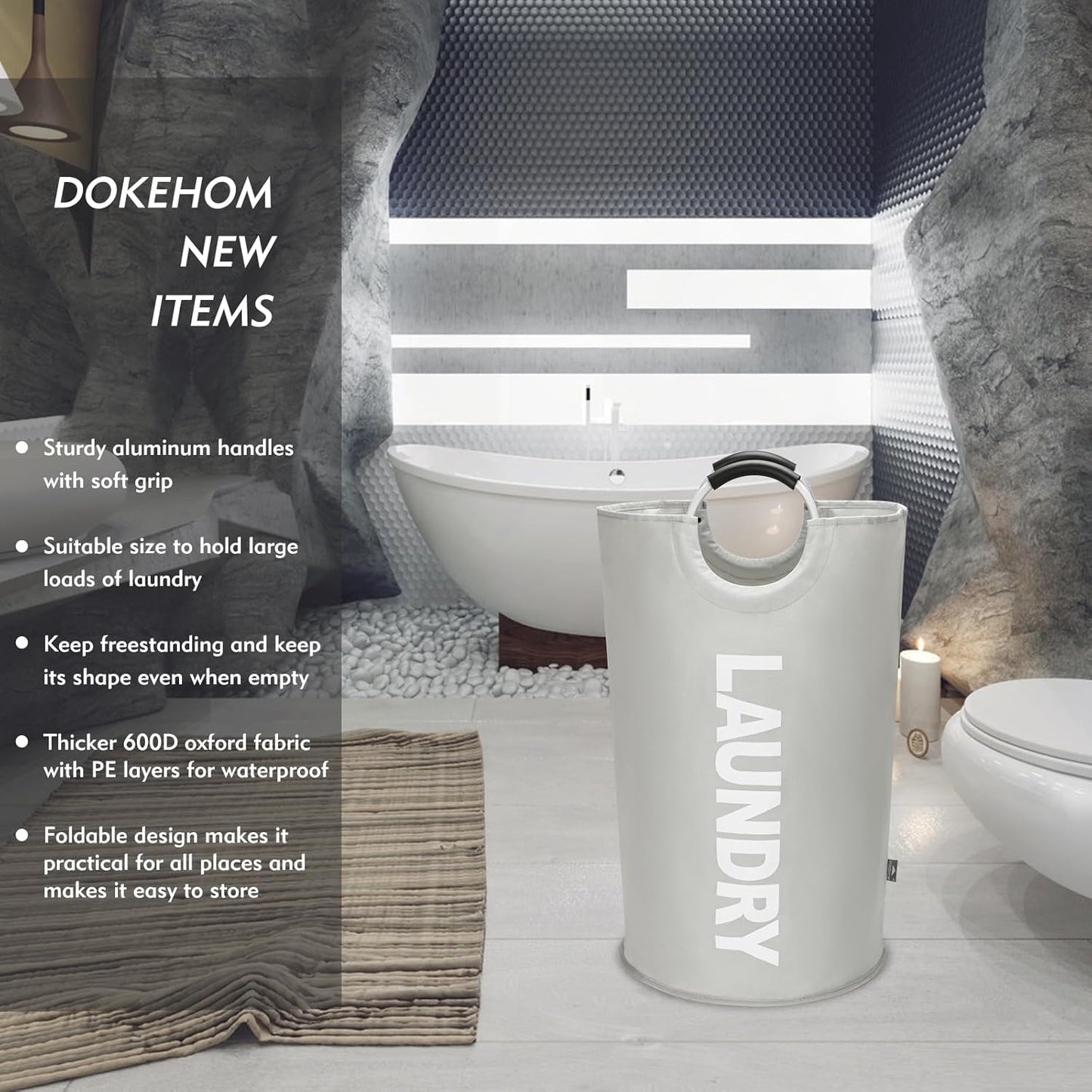 DOKEHOM 125L X-Large Collapsible Washing Laundry Basket Bag (7 Colors) for Bedroom, Fabric (Grey, XL)