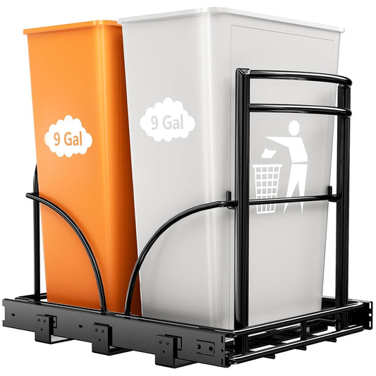 ANASTA Dual Pull Out Trash Can Under Cabinet Rack-No Can Included, Under Sink Trash Can Pull Out Fits Double 7-9 Gal/35 Qt*2 Commercial Trash Bin, Cabinet Garbage Can Required ≥16''Wx 17''Hx 22" D