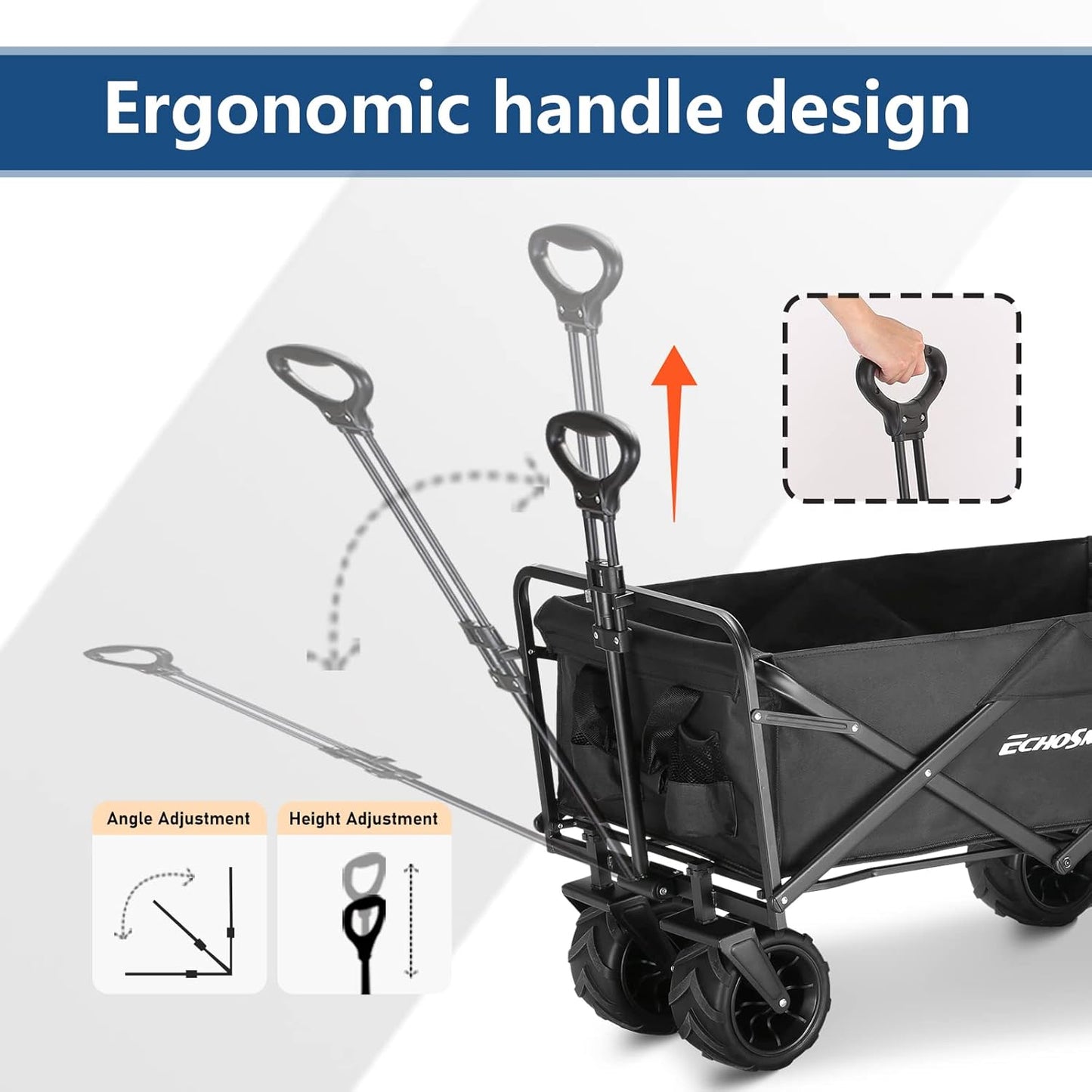 EchoSmile Heavy Duty 350 Lbs Capacity Collapsible Wagon, Outdoor Folding Camping Wagons, Grocery Portable Utility Cart, Adjustable Rolling Carts, All Terrain Sports Wagon with Big Wheels by Boahaus