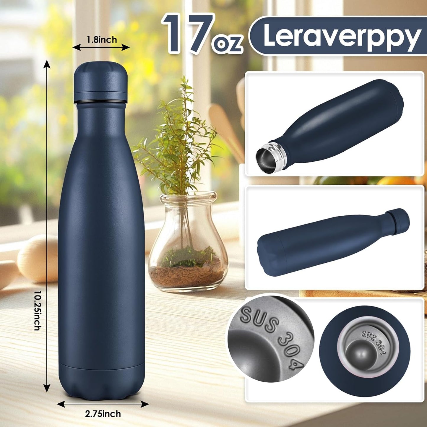 17oz Cola-Bottle Shaped Stainless Steel Leak-proof Water Bottle,Double Wall Vacuum Insulated Metal,Travel Mug For Sports Indoors & Outdoors,BPA-Free School Kids Flasks,Navy(12 Pack)