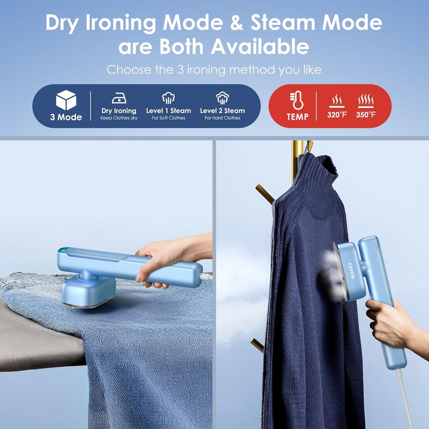 FEPPO Travel Steamer for Clothes, 110-240V Dual Voltage Portable Steamer & Iron 2 in 1, Fast Heat Up, 1100W Powerful Garment Steamer, Large Ceramic Heat Panel for Home & Global & Europe Traveling