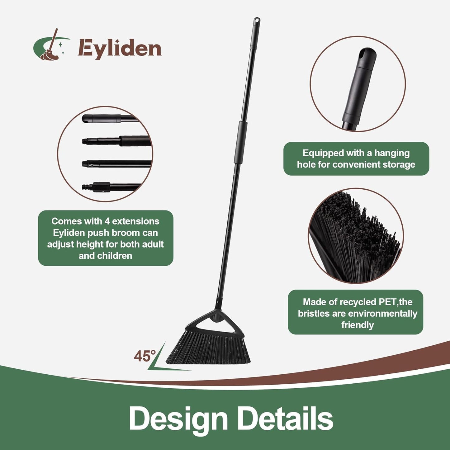 Eyliden Broom, Angle Broom with 57" Long Handle - Fit Heavy-Duty Cleaning, Also Works Well Fine Dust - Commercial Outdoor Indoor Sweeper for Courtyard, Sidewalk, Deck, Kitchen, Lobby, Garage, Black