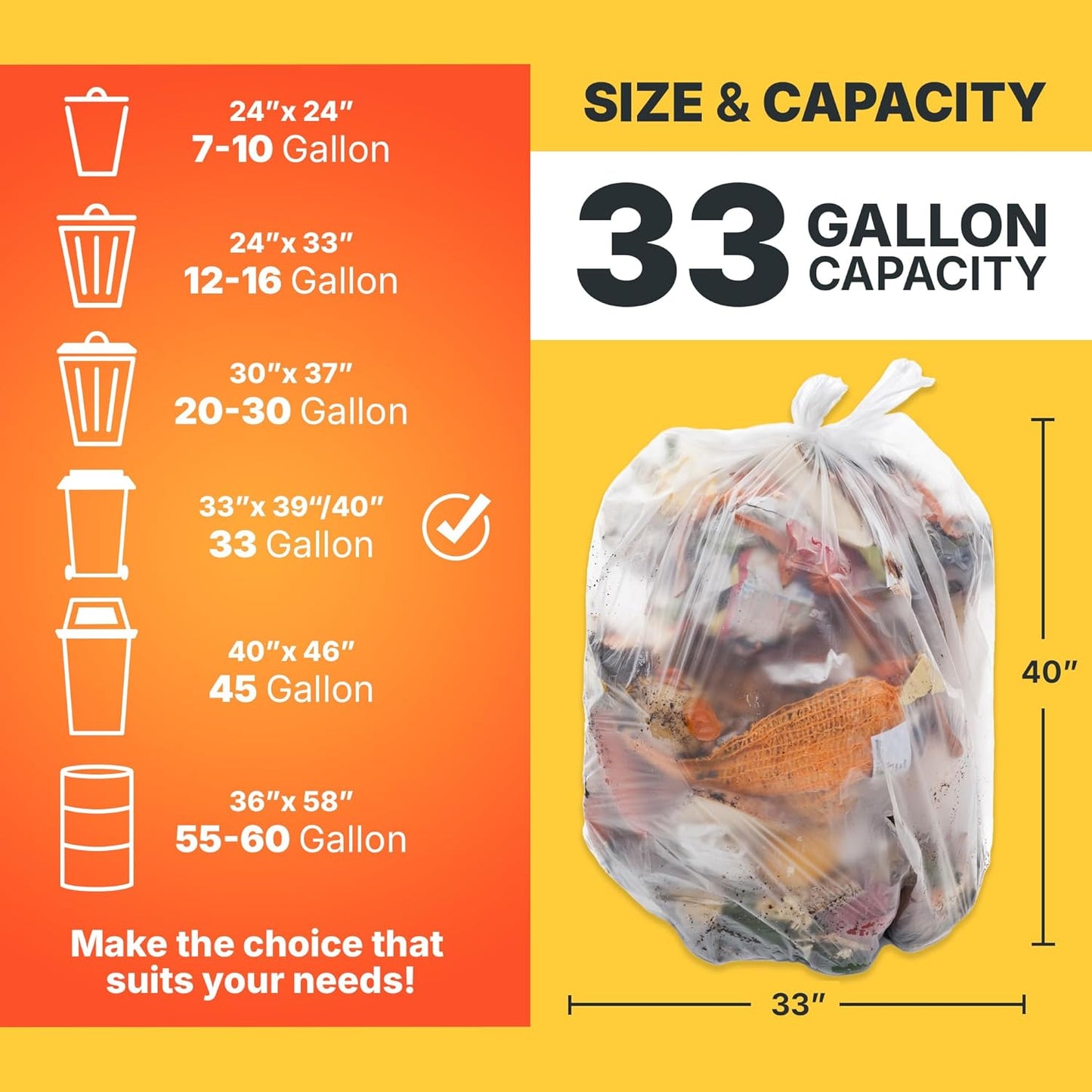 33 Gallon Trash Bags, 16 Micron High Density Pure HDPE Garbage Can Liners Bulk, 33" x 40", Natural Clear, 250 Count