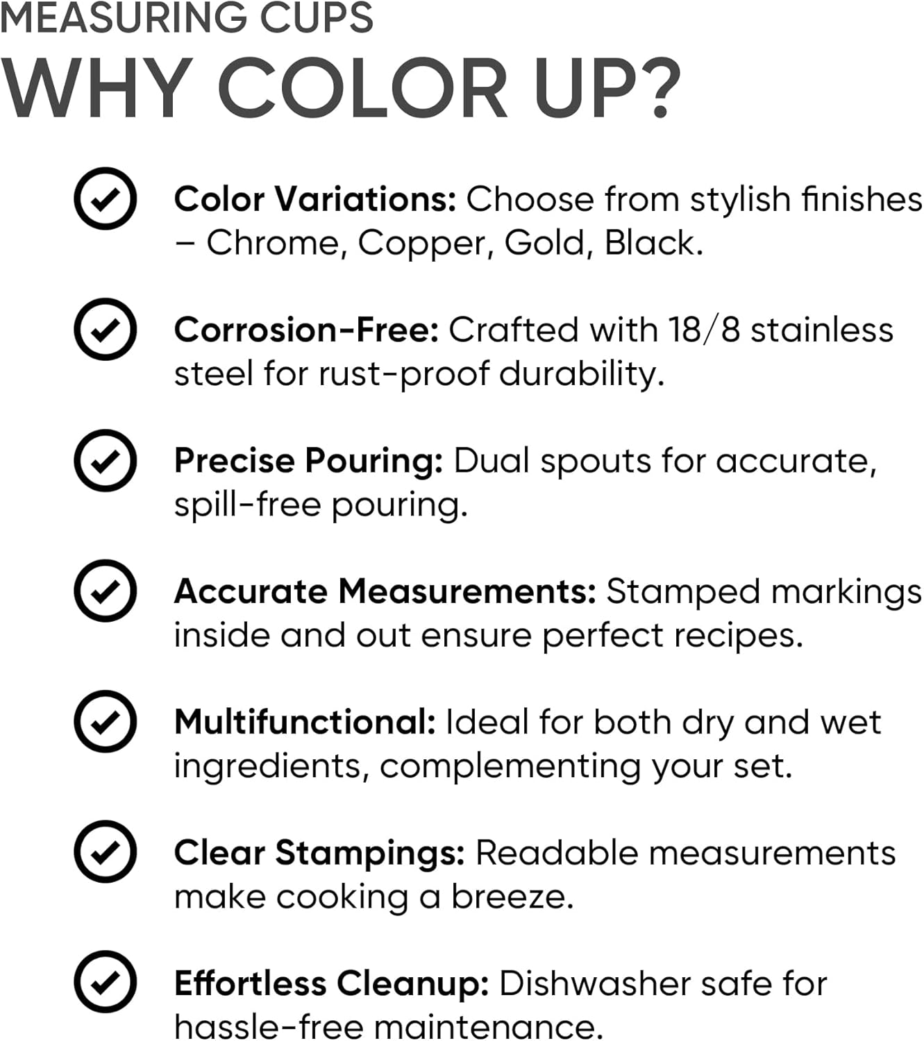 Color Up 2 Cup Measuring Cup, 480ml Black Stainless Steel Metal Measuring Scoop, Easy-Pour Spouts, Engraved Markings, for Dry & Liquid Ingredients