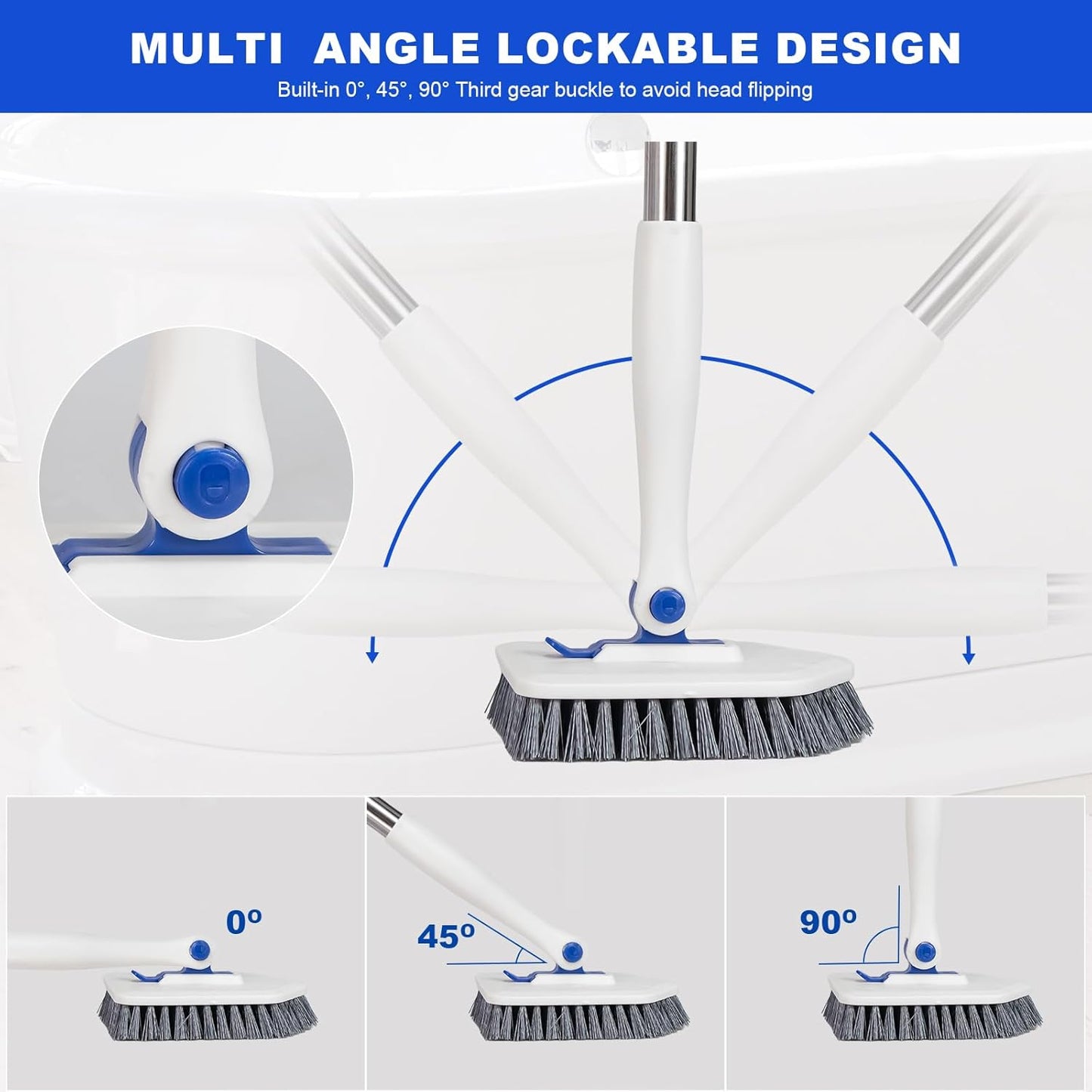 Tile Tub Scrubber Brush with 52-inch Adjustable Long Handle 3-in-1 Rotatable Shower Brush for Cleaning，3 Different Replacement Brush Heads for Cleaning Tub Tile Bathroom Kitchen Walls ，Blue