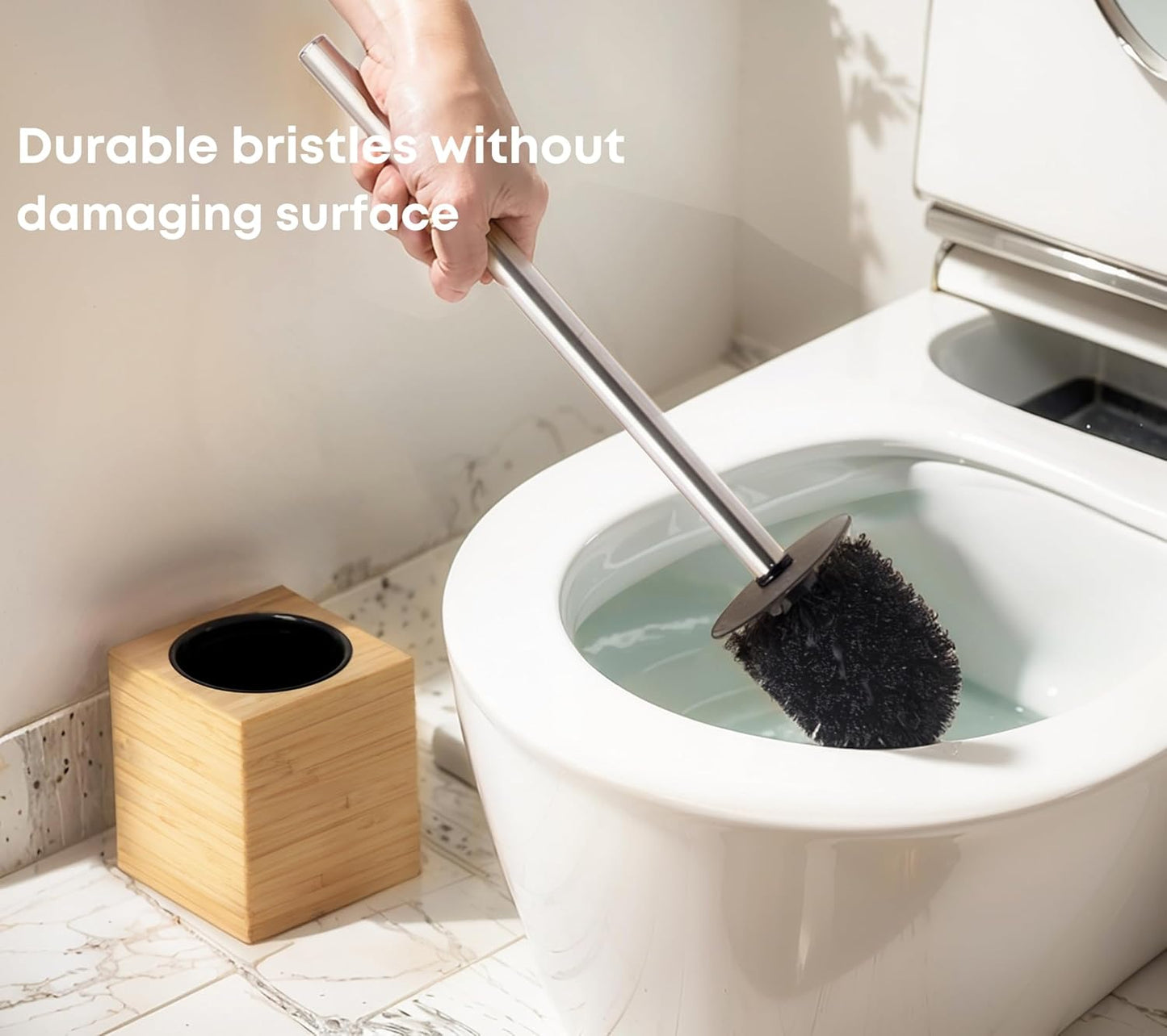 Toilet Bowl Brush Holder with Bamboo and Stainless Steel for Durable Use, Toilet Scrubber Brush with Long Handle for Easy Deep Cleaning, Compact Hidden Bathroom Toilet Cleaner Brush Set