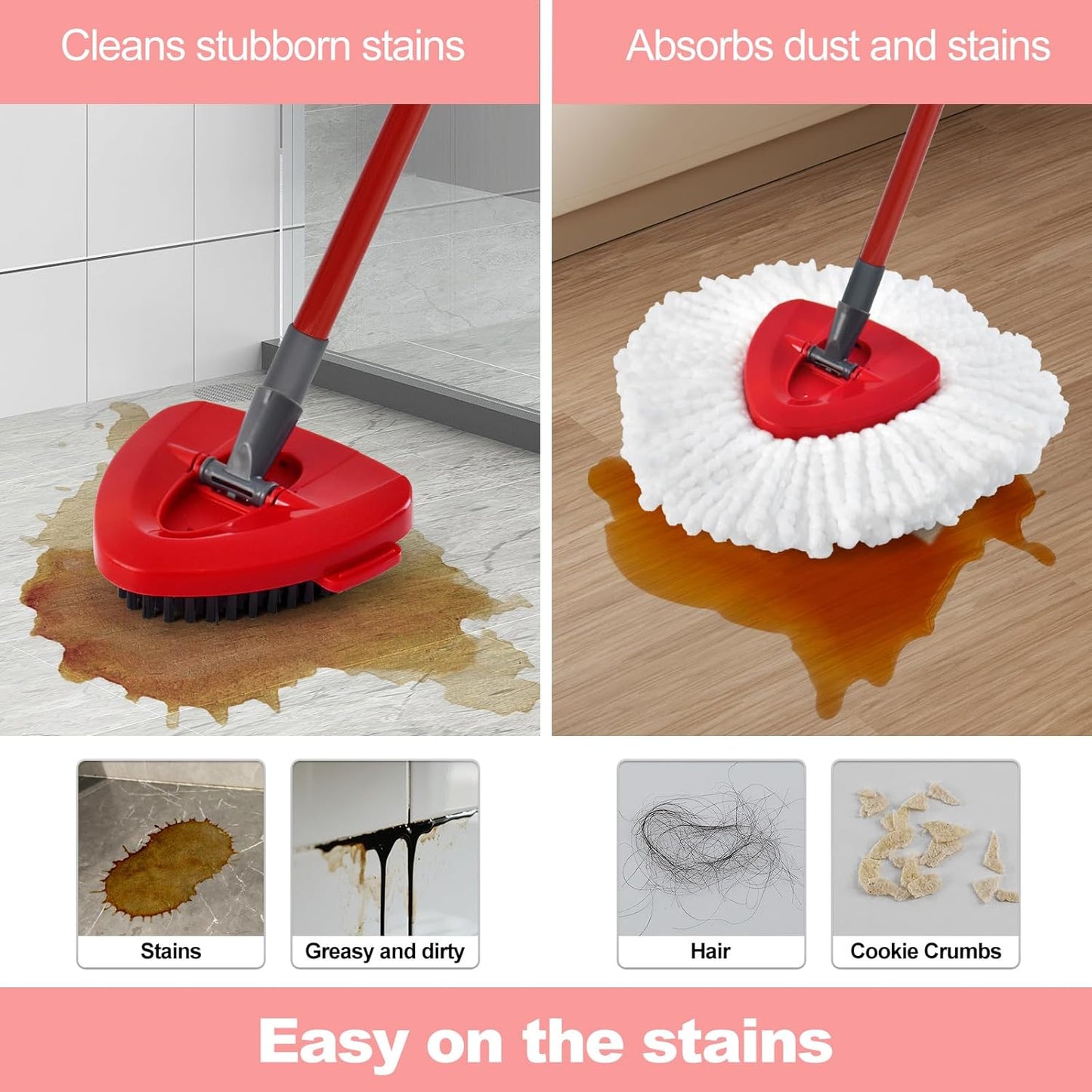 Spin Mop Heads Replacements for O Ceda EasyWring 1-Tank System, 3 Microfiber Mop Head Refills, 4-Section Iron Handle, 1 Base and 1 Scrub Brush Combo Set for Floor Cleaning