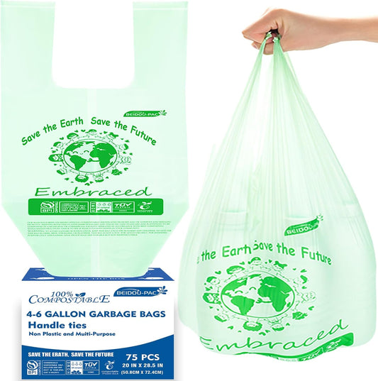 4-6 Gallon Compostable Trash Bags, 75 Count, Kitchen Compost Bags With Handle, Sturdy Biodegradable Garbage for Food Scrap Waste, ASTM D6400, US BPI Certified