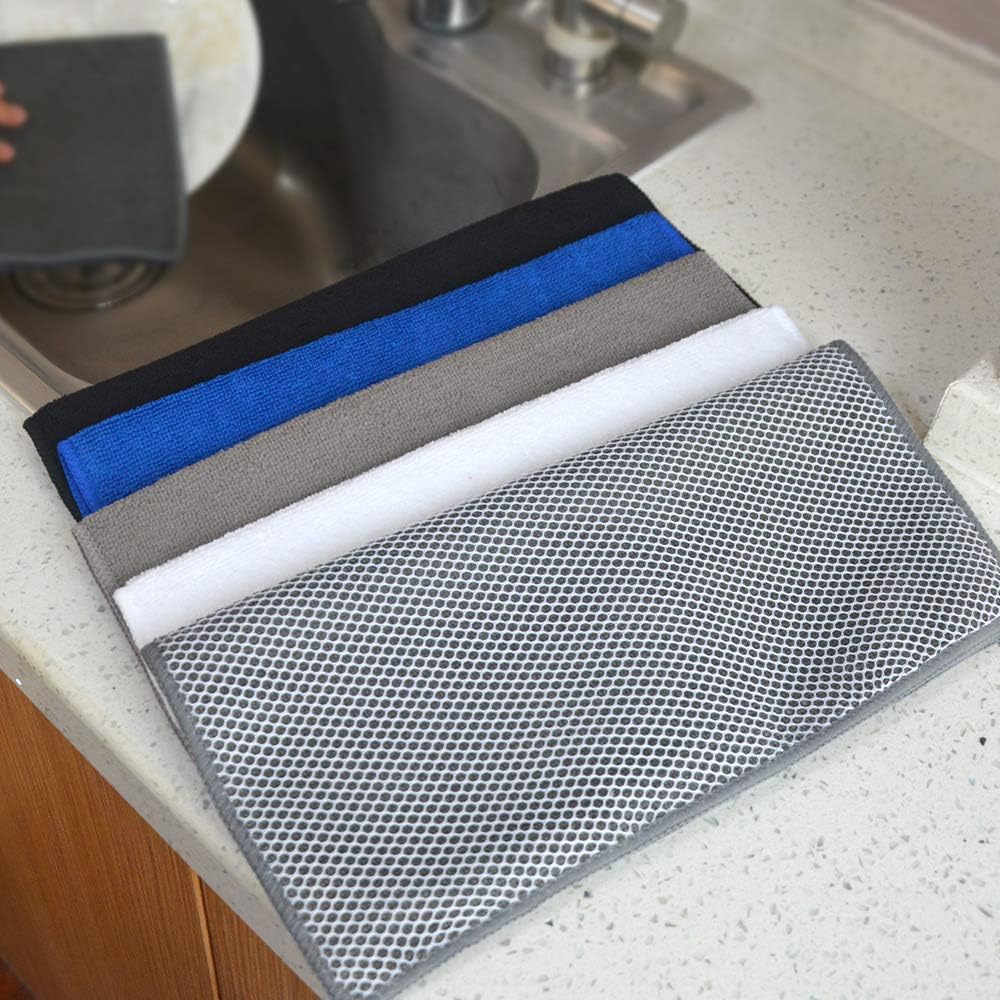 SINLAND Microfiber Dish Cloth for Washing Dishes Best Kitchen Washcloth Cleaning Cloths Poly Scour Side 12inchx12inch 5 Pack (Blue+White+Grey+Brown+Black)