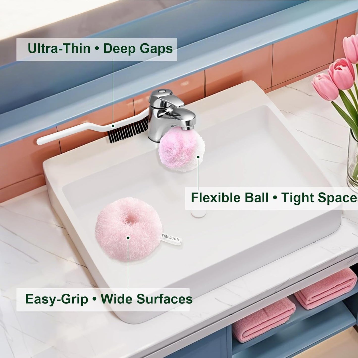 Hard Bristle Crevice Cleaning Brush & Non Scratch Soft Scrub Brush Set, 6-Pack: 4 Stiff Gap Grout Brush+2 Gentle Sponge Brush, Multi-Purpose Bathroom & Kitchen Cleaning Tool