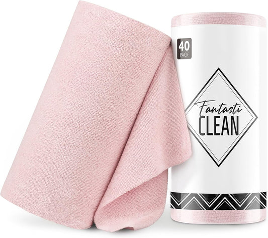 Fantasticlean Microfiber Cleaning Cloth Roll -40 Pack, Tear Away Microfiber Towels, 12" x 12", Reusable, Washable, Scratch Free, Ultra Absorbent Dishcloth for Car, Home Supplies, Pet, Kitchen (Pink)