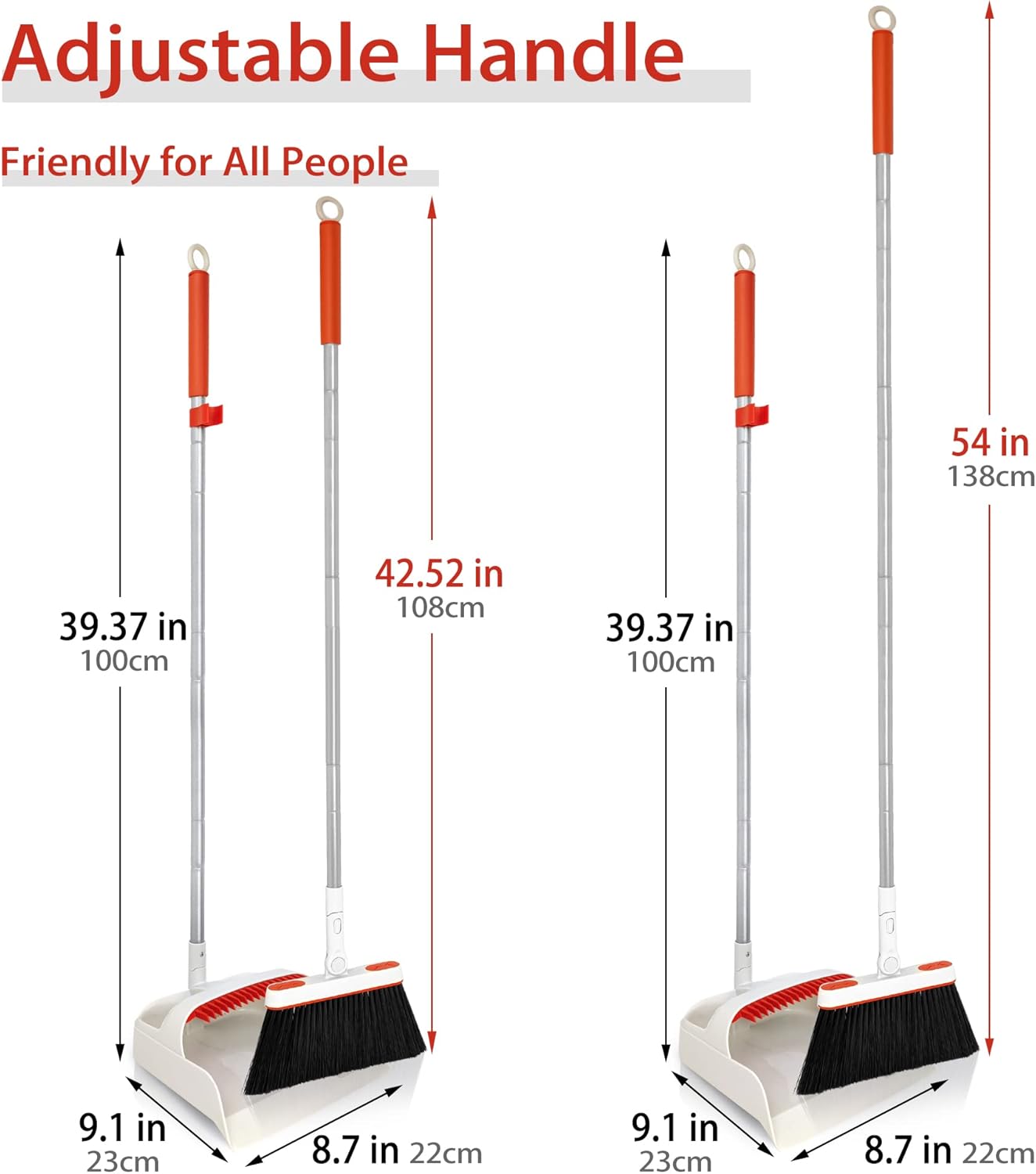 JEHONN Broom and Dustpan Set for Home, Long Handle Lightweight 180 Degree Rotating Broom Set Indoor, Upright Standing Dust Pan with Comb Teeth, Store Sweep Set for Room Kitchen Office (Grey & Red)