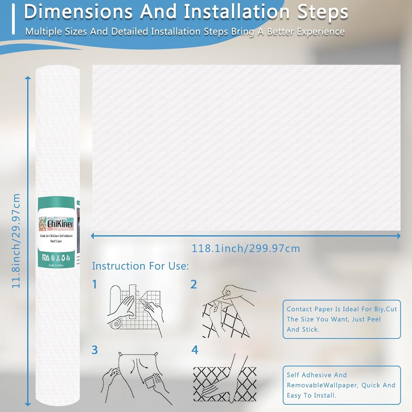 Self-Adhesive Shelf Liner Kitchen Liner, Waterproof Backed Paper Easy Peel and Stick Contact Liner Without Residue for Decor Your Desk Surface, Kitchen Countertops (Clear, 11.8 x 118.1 inches)