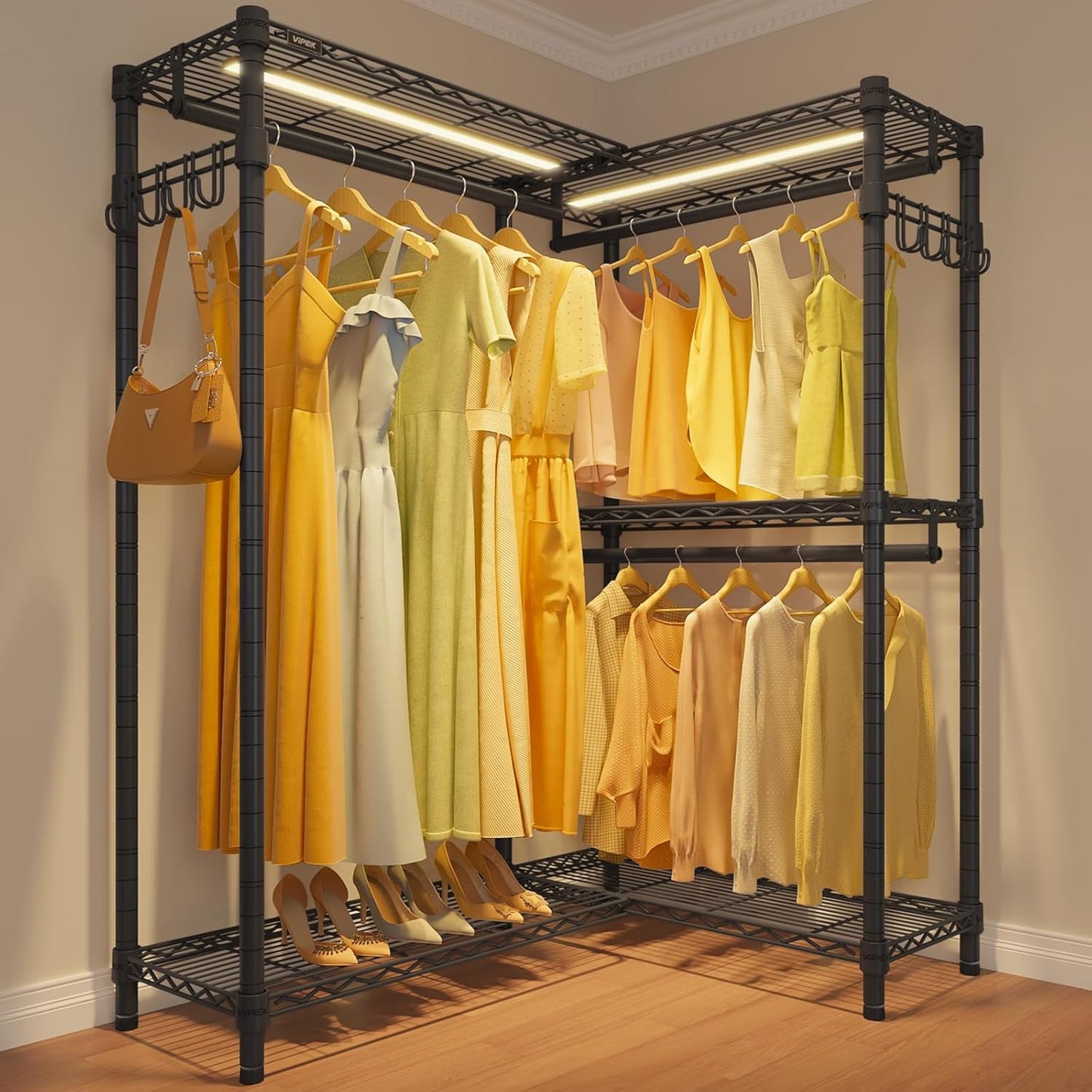 VIPEK L4L Portable Closet with Dimmable LED Lights, L Shaped Clothes Rack for Corner Space-Saving Storage, 3 Hanger rods for Hanging Heavy Duty Coats, Max Load 810LBS, Black