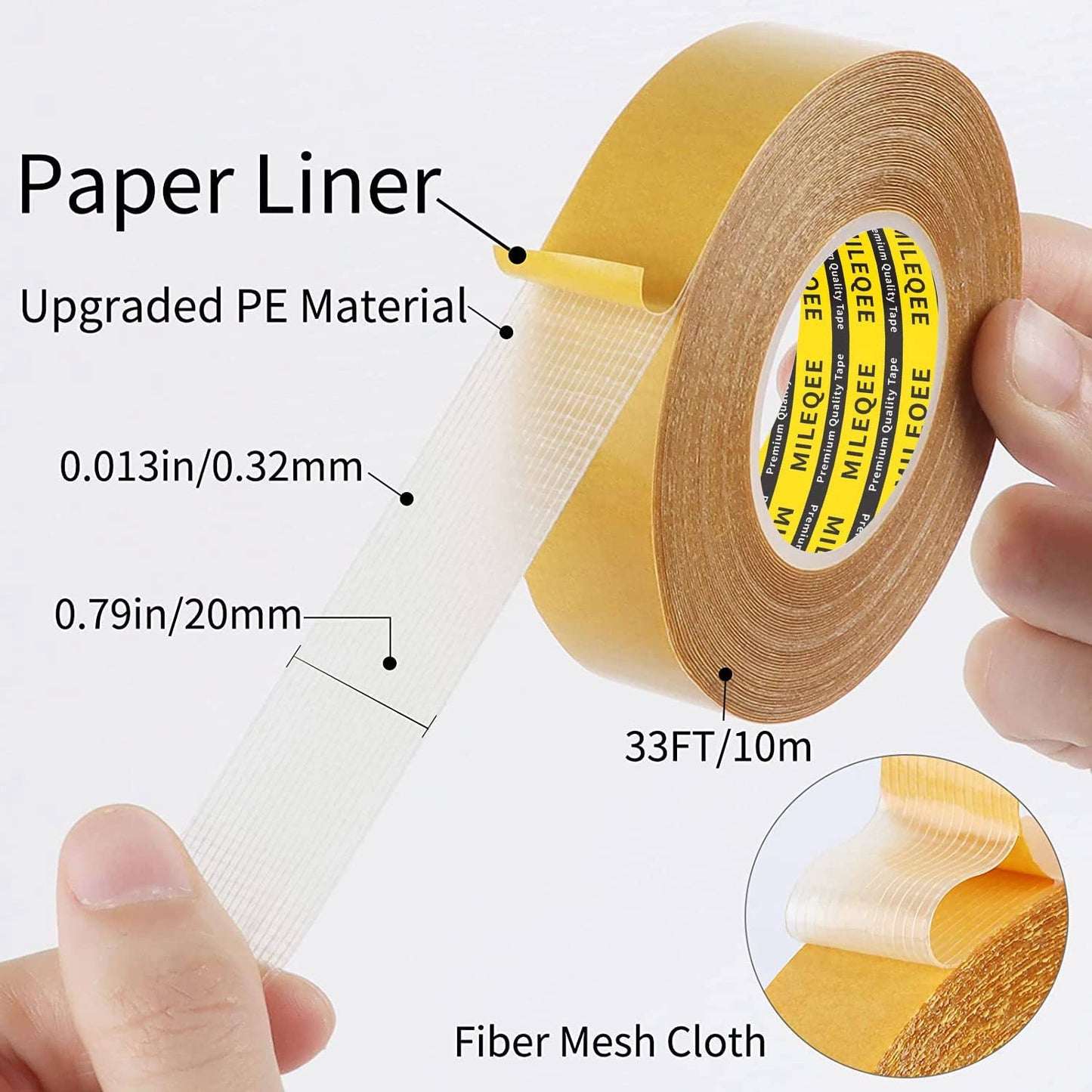 Double Sided Tape Heavy Duty, 0.79" x 33FT(10m), Universal High Tack Strong Wall Adhesive with Fiberglass Mesh, Super Sticky Resistente Clear Tape, Easy Use Mounting Tape School Supplies