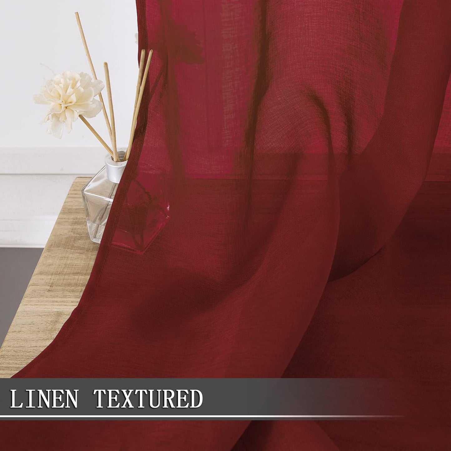 Tollpiz Short Sheer Curtain Living Room Linen Textured Curtains Sheer Light Filtering Voile Rod Pocket Curtain for Bedroom, 38 x 54 inches Long, Burgundy Red, Set of 2 Panels