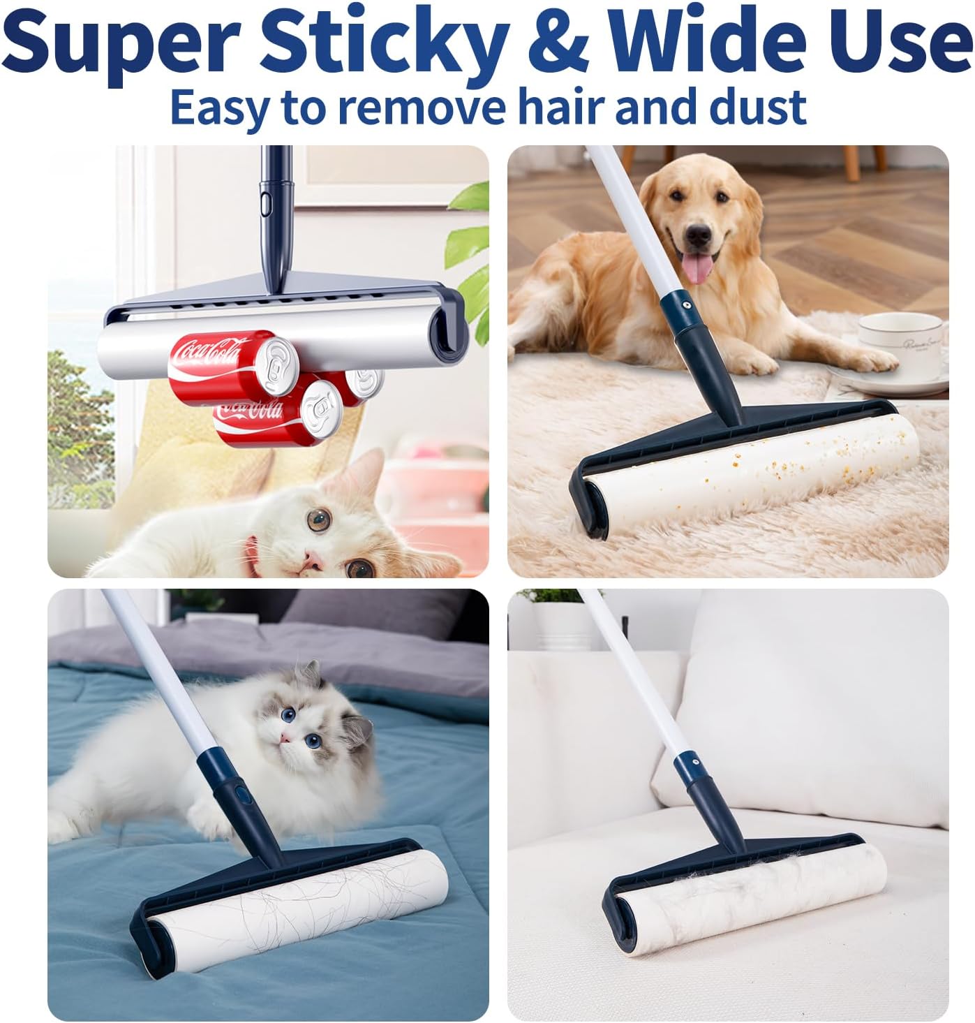13.8in Large Size Floor Lint Rollers for Pet Hair Extra Sticky 51.2in Long Handle Giant Big Hair Picker Upper from Sticky Mop for Cleaning Dog Cat Hair Animal Fur Removal Roller Couch Bed Sheet Carpet