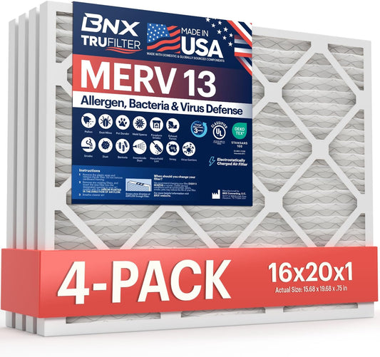 BNX TruFilter 16x20x1 Air Filter MERV 13 (4-Pack) - MADE IN USA - Electrostatic Pleated Air Conditioner HVAC AC Furnace Filters for Allergies, Pollen, Mold, Bacteria, Smoke, Allergen, MPR 1900 FPR 10