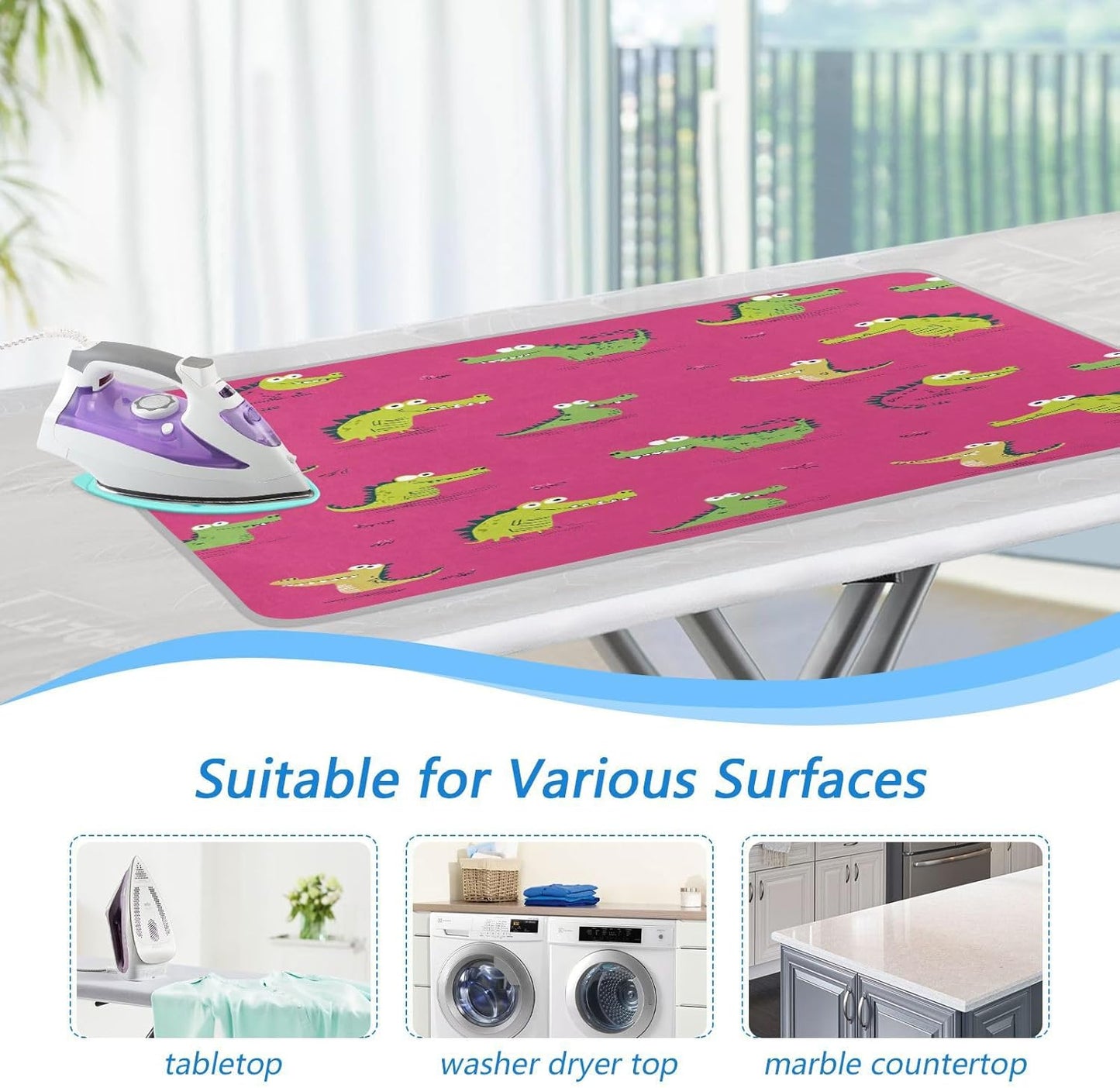 Pink Funny Crocodiles Ironing Mat Thickened Ironing Blanket Travel Portable Double-Side Using Ironing Pad Travel Isolate Heat Pad Cover for Washer Dryer Table Top Countertop 27.6x47.2in