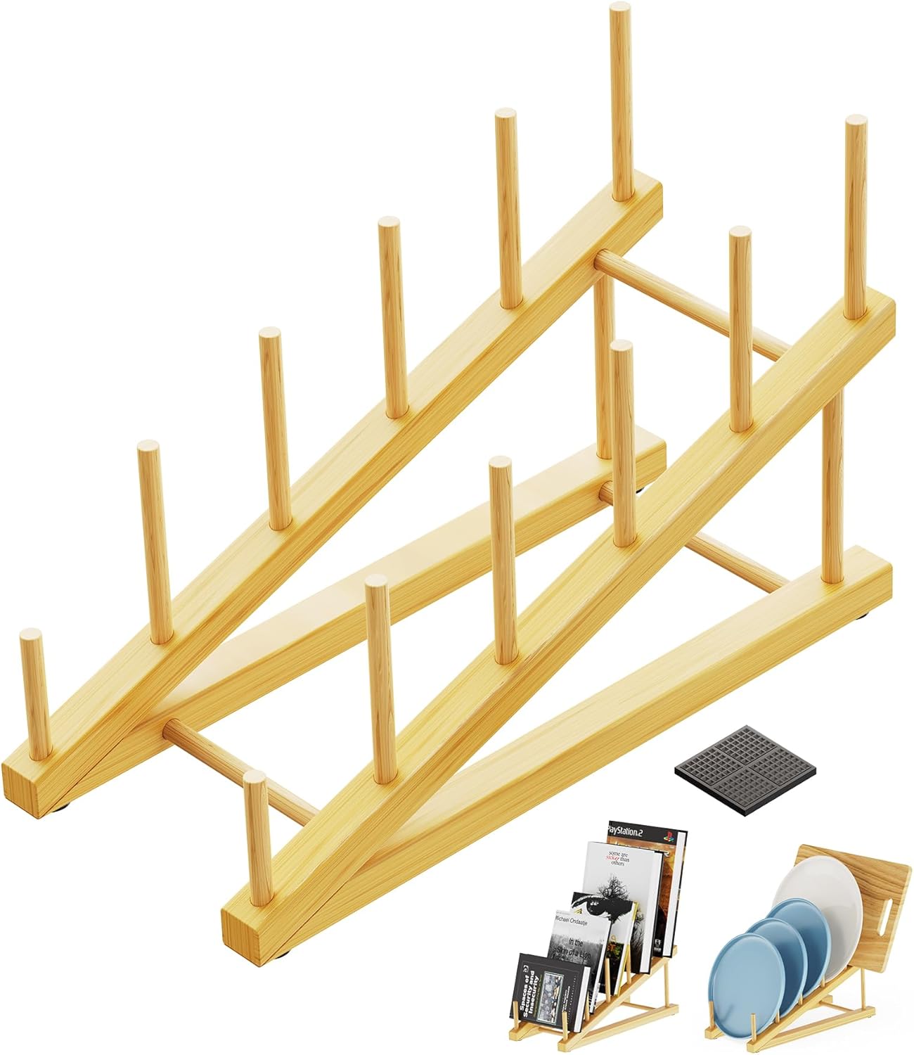 Bamboo Dish Drying Rack, 5 Slots Kitchen Organizer Craft Show Display Stand for Holds Plates, Bowls Cups, Cutting Boards, Pot Lids, Canvas, Books, Records, Artwork and Magazine