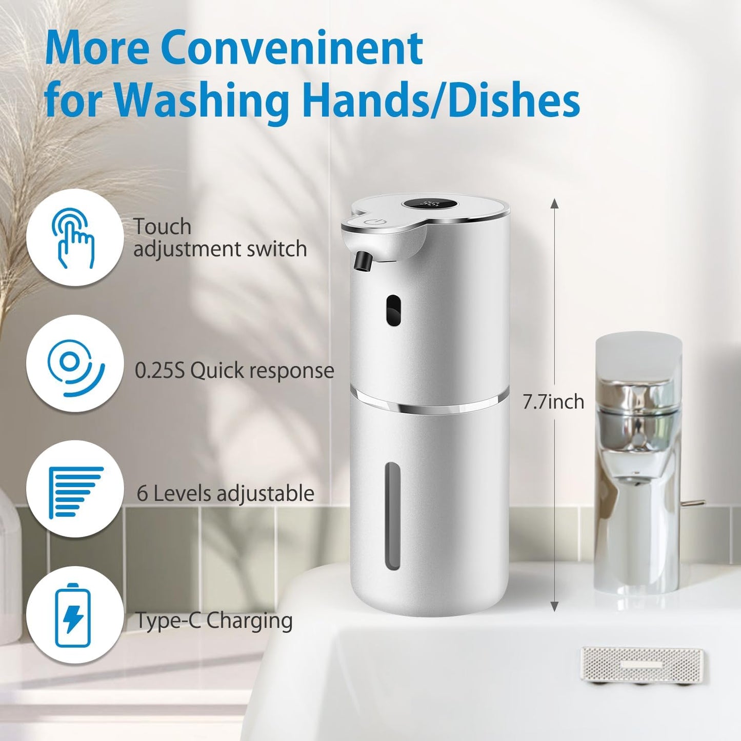 Automatic Foaming Soap Dispenser 12.8oz, Rechargeable & 6 Levels Foaming Adjustable with Digital Display, Wall Mount, Waterproof, Touchless Hand/Dish Soap Dispenser for Kitchen, Bathroom, Hotel