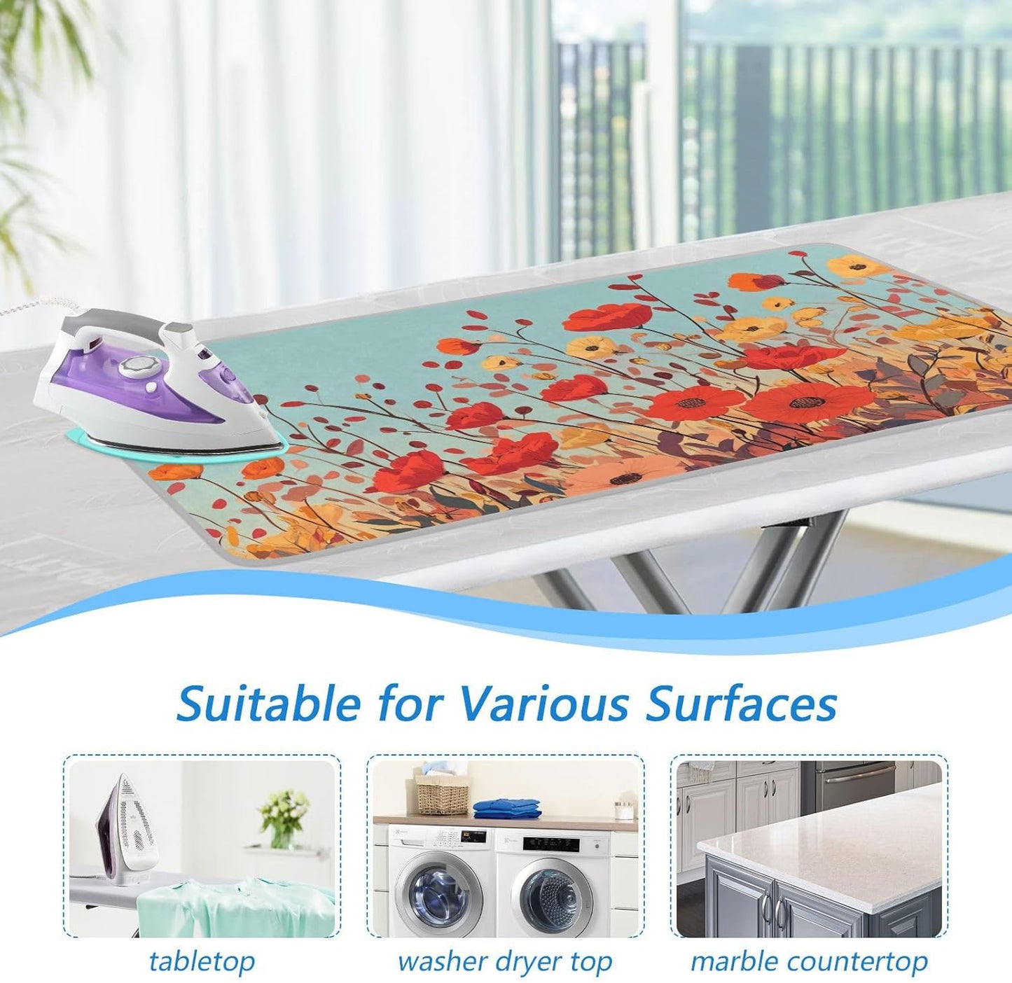 Autumn Poppy Flowers 01 Ironing Mat for Table top Portable Ironing Pad Blanket for Washer Dryer Countertop Travel