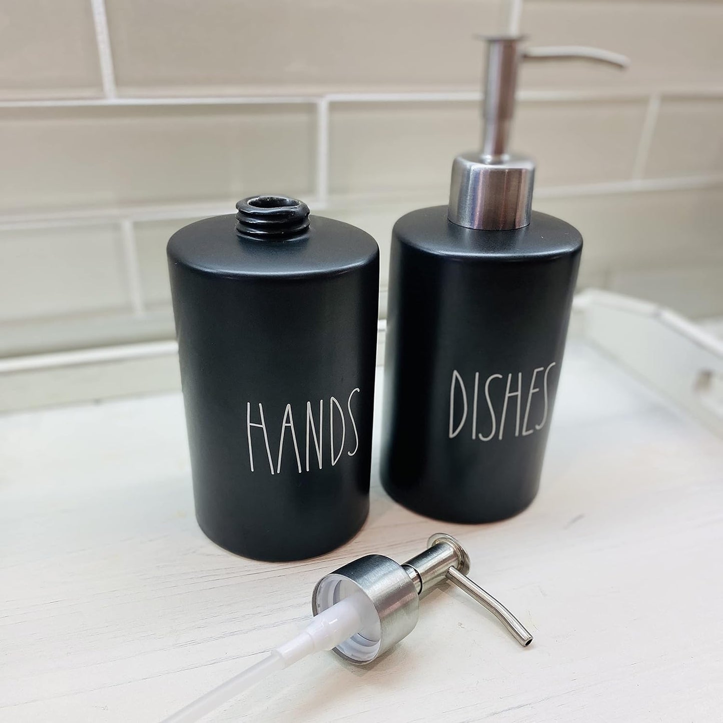 Modern Farmhouse Ceramic Dishes and Hands Soap Dispenser Set for Kitchen | Stainless Steel Pumps | 14oz, Black Bottles | Kitchen Décor for Counter