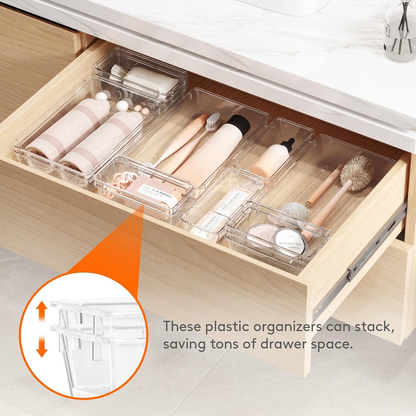 Lifewit 15 Pcs Large Bathroom Drawer Organizers, 3 Sizes Clear Plastic Storage Organizer Trays for Make Up, Kitchen Utensils, Vanity Accessories in Bathroom/Office/Dresser Organization