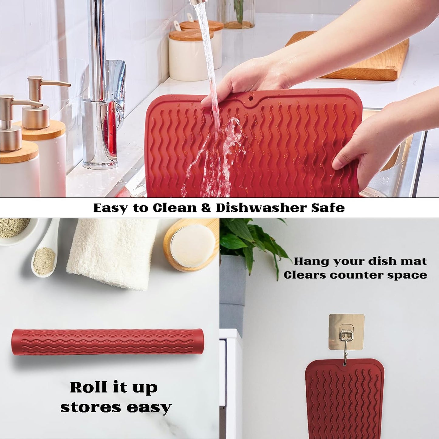 ZLR Silicone Dish Drying Mat for Kitchen Counter, Eco-Friendly Fast Dry Dish Mat, Easy Clean Multi Usage Drying Matt, Heat Resistant Trivet, 12" x 16" Large, Lave Red