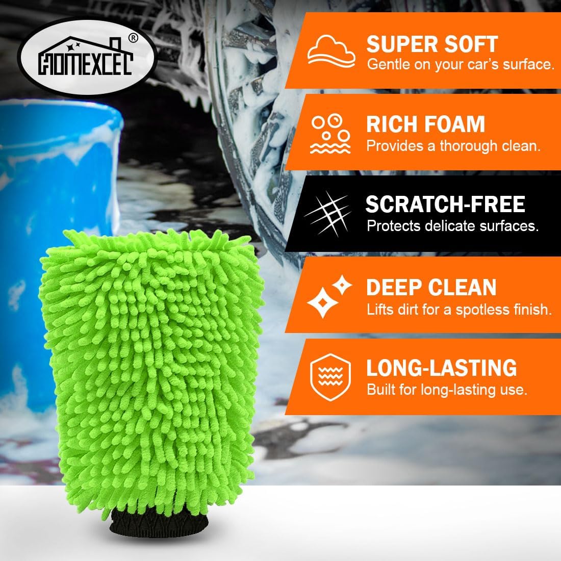HOMEXCEL Car Wash Mitt, 2PK Chenille Microfiber Wash Mitt, Scratch-Free & Lint-Free, Rich Foam, Highly Absorbent, Double Sided, Perfect for Car Washing and Detailing, 10.2" x 6.7 ", Green