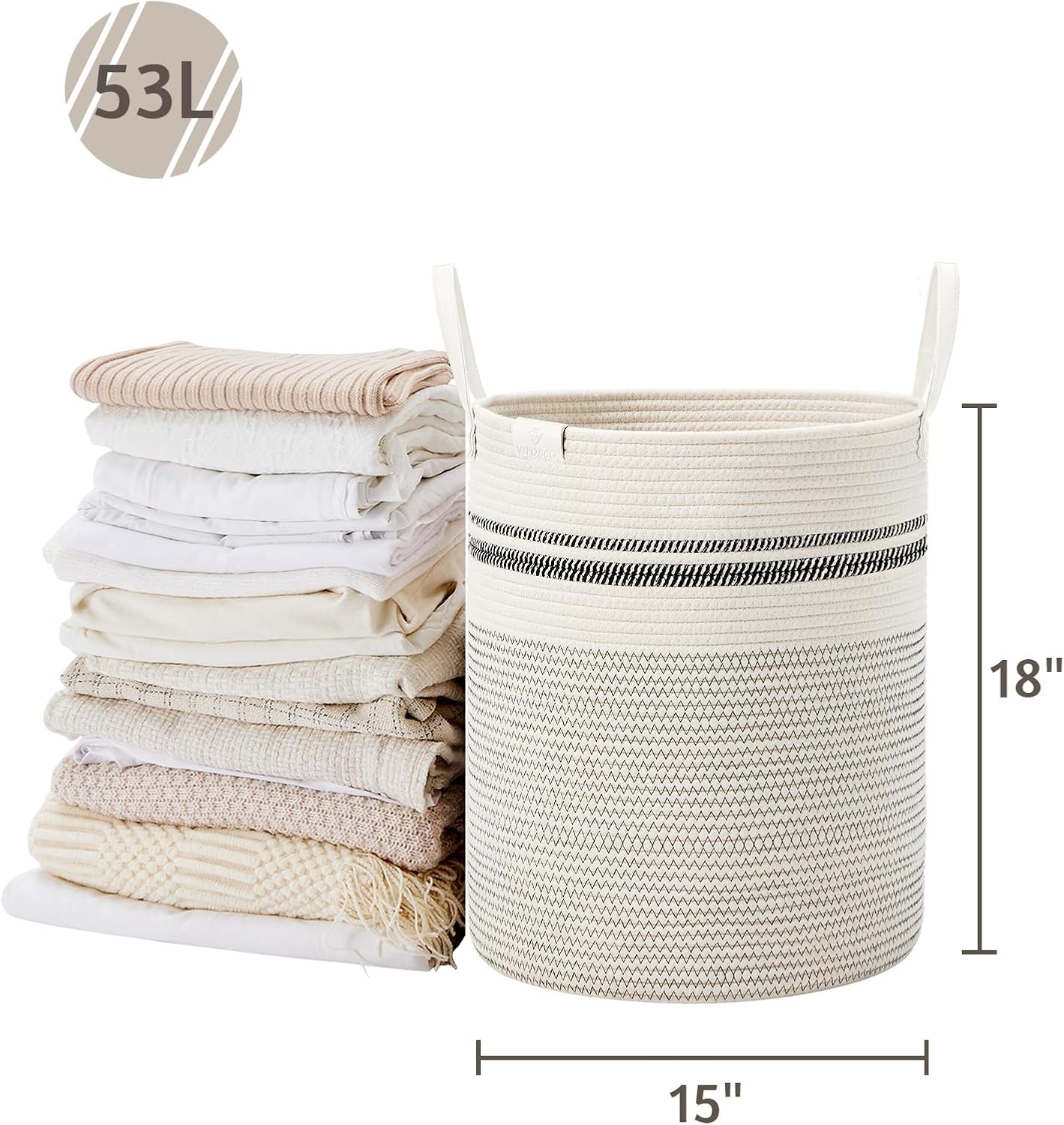 VIPOSCO Tall Laundry Basket, Large Dirty Clothes Hamper with Leather Handle, Woven Rope Storage Basket for Blanket, Toy In Living Room, Bathroom, Bedroom - 53L Stripe White