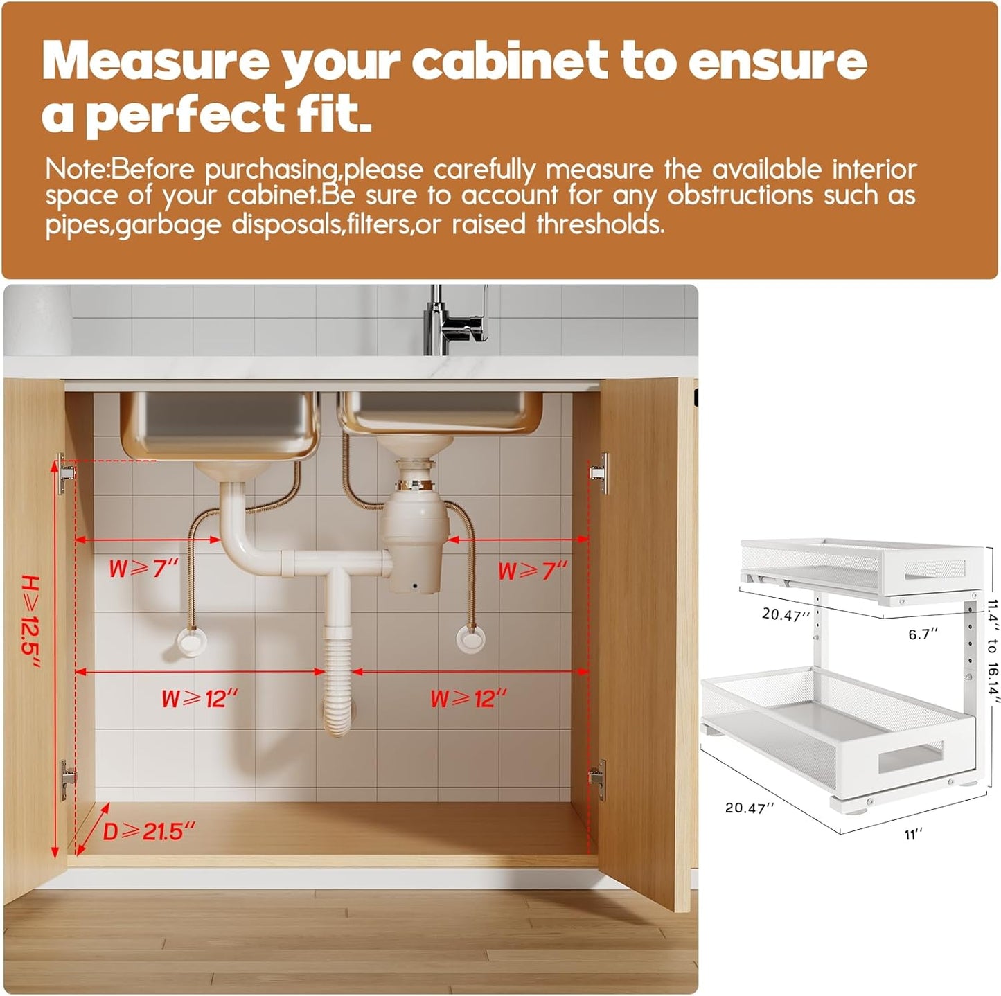 2 Pack 20.47IN Depth Under Sink Storage Organizer, Large 2-Tier Elegant Mesh Pull Out Shelf for Kitchen and Bathroom Cabinet Organization, L-Shaped and Adjustable Height Design-White