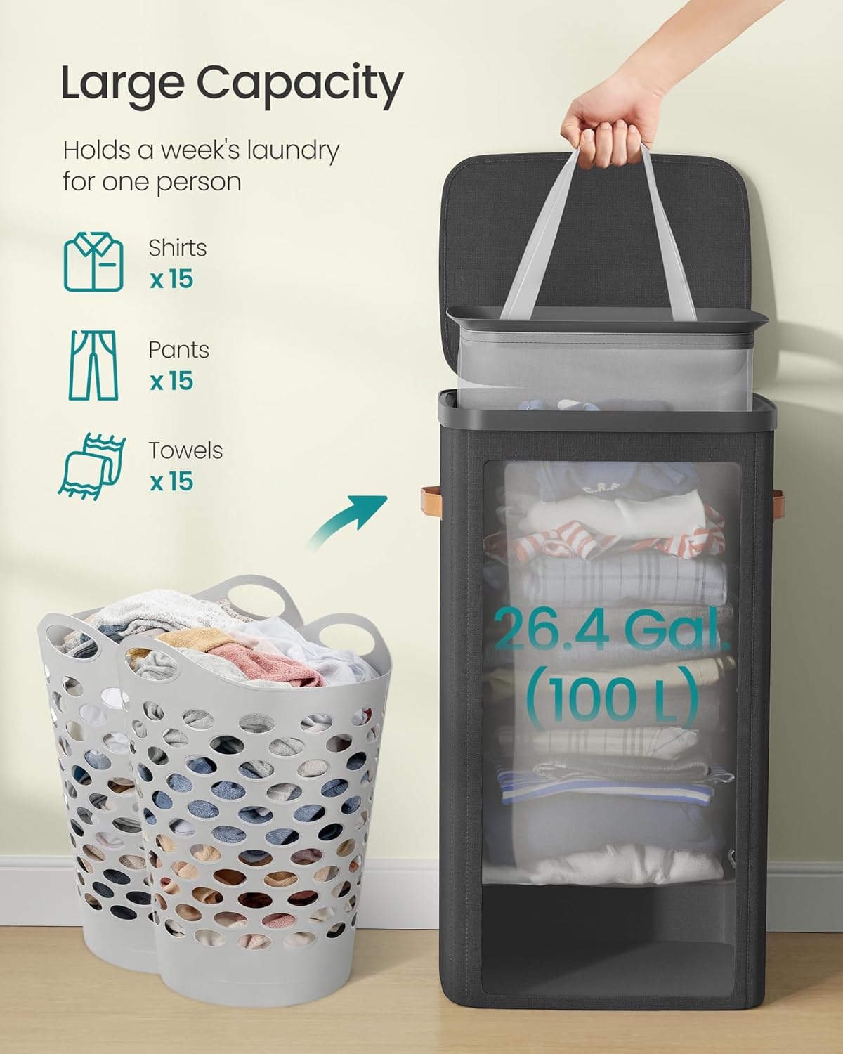 SONGMICS Laundry Basket, 26.4 Gal. Laundry Hamper, Easy Assembly, with Lid and Handles, Removable Liner, 16.5 x 12.6 x 29.5 Inches, Ink Black ULCB811BH01