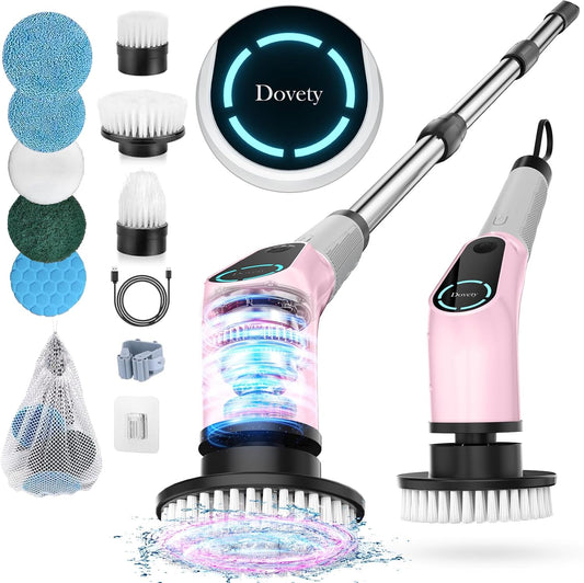 Electric Spin Scrubber, Cordless Cleaning Brush, Shower Scrubber with 8 Replaceable Brush Head, Power Cleaning Brush with Extension Handle, 2 Adjustable Speed, for Bathtub Tile Floor (Pink)
