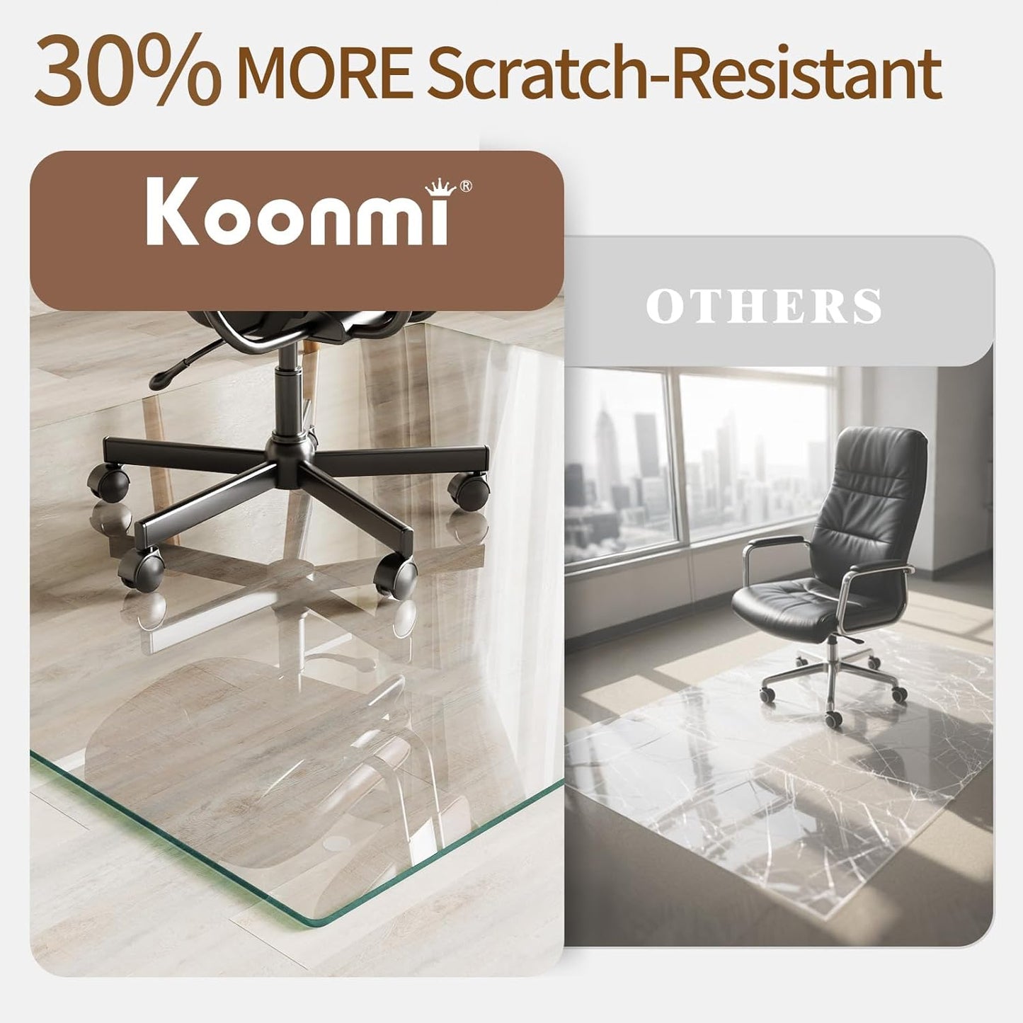 Koonmi Tempered Glass Chair Mat 30"x48" - Premium Office Chair Mat for Hardwood Floors & Low-Pile Carpet with 4 Non-Slip Pads - Thick Scratch-Resistant Surface