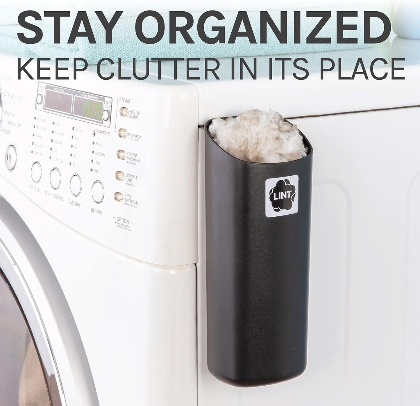 JS Jackson Supplies Small Black Lint Bin with Magnetic Back, Slim Profile Space Saving Trash Bin and Organizer for Laundry, Wall Mountable