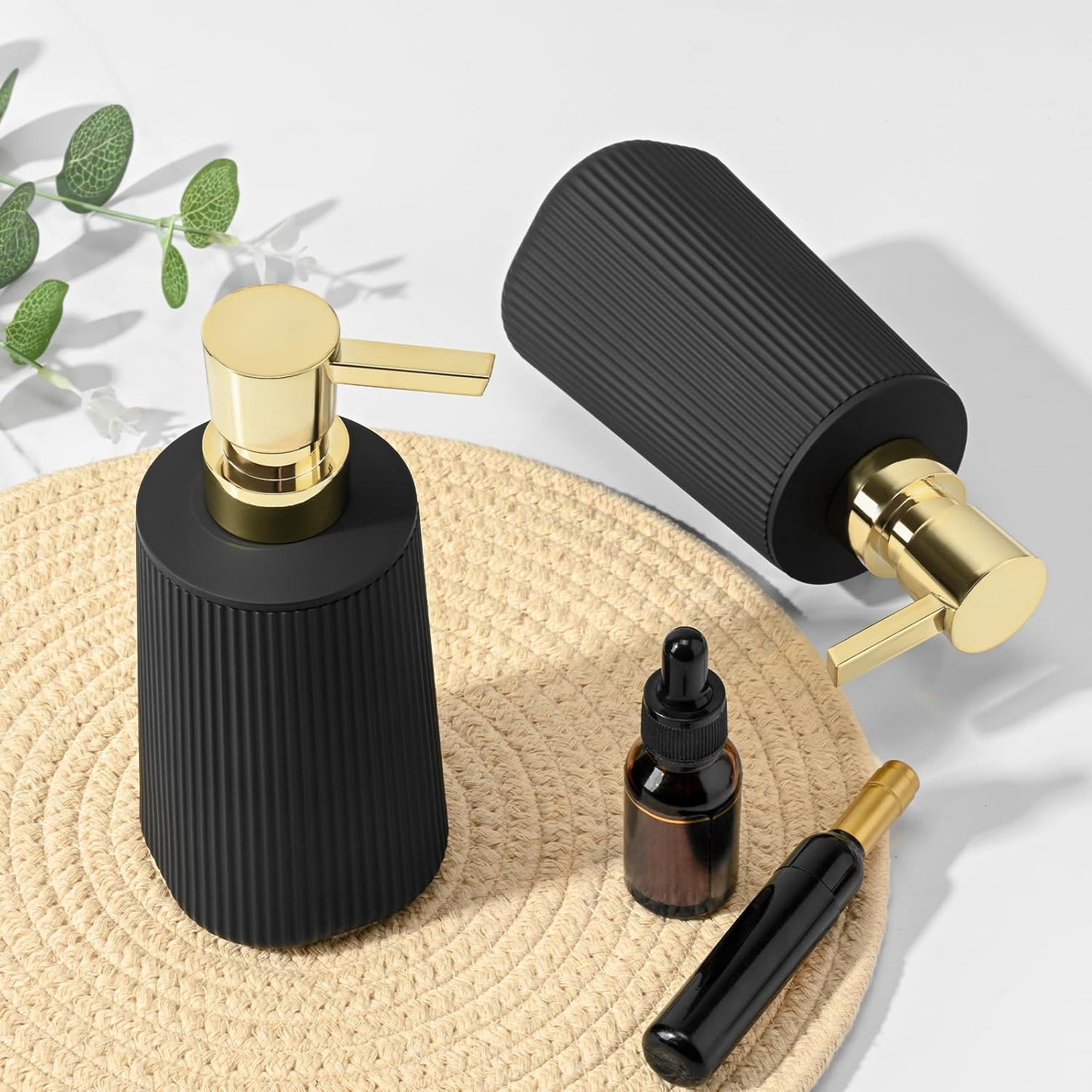 Black and Gold 2 Pack Hand Soap Dispensers with No Rust Pump for Bathroom and Kitchen Countertops Refillable Striped Matte Plastic 8.5 oz