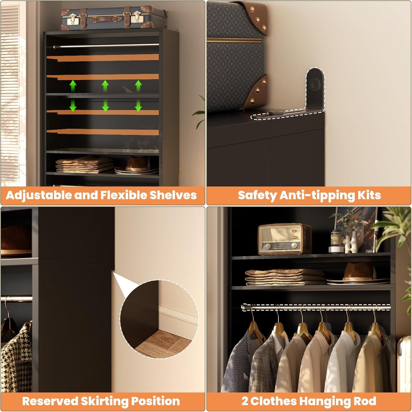 Unikito 3FT Freestanding Closet System with 2 Hanging Rods & Adjustable Shelve, 36'' Wood Closet Organizer System, Clothes Garment Rack, Sturdy Walk-in Closet Tower, Easy Assembly, Hold 800LBS, Black