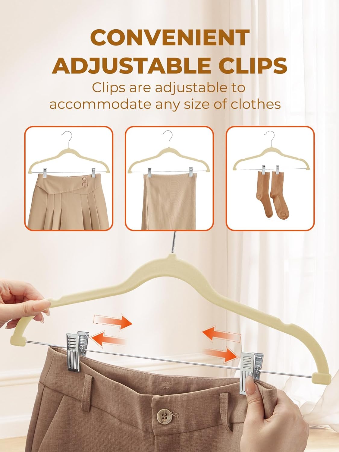 HOUSE DAY Velvet Skirt Hangers 36 Pack, Beige Velvet Pant Hangers with Adjustable Clips, Space Saving Slim Shorts Hanger, Heavy Duty Non Slip Clip Hanger for Pants, Skirts, Shorts
