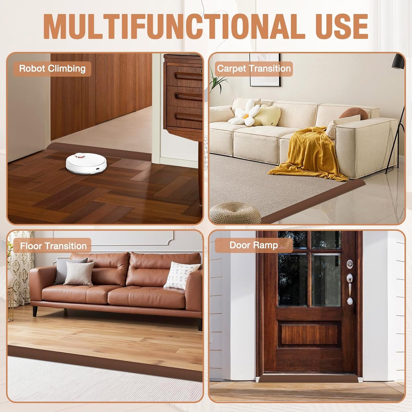 Floor Transition Strip Self Adhesive Vinyl Door Threshold for Doorways Carpet Edging Trim Overlap Edge Reducer for Laminate Floor, Carpet, Tile (Brown, 2/5" to 3/5", 6.6Ft)