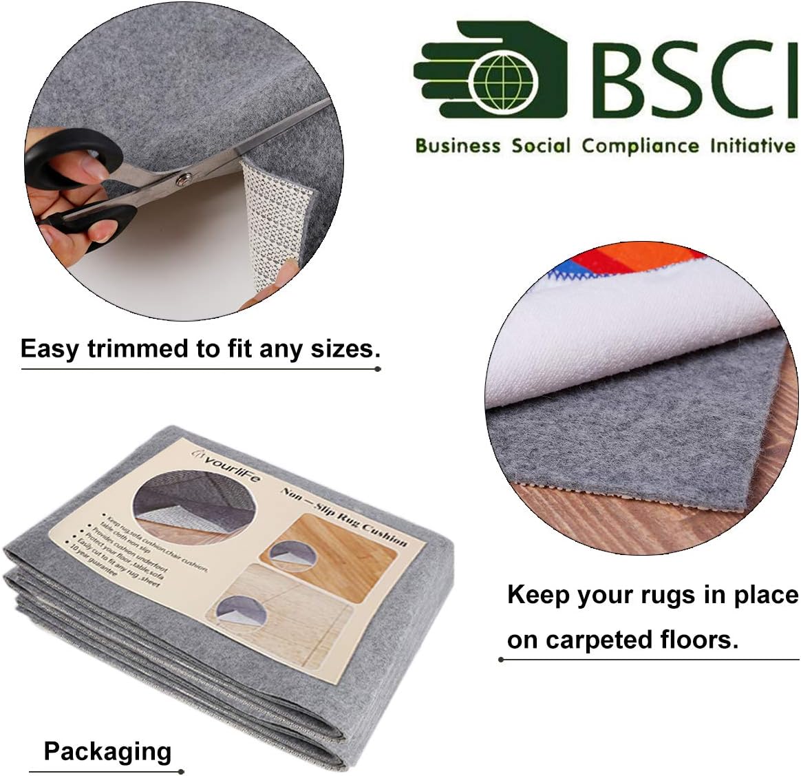 Non Slip Rug Pad Grippers - 10x14, 1/8" Thick, (Felt + Rubber) Double Layers Area Carpet Mat Tap, Provides Protection and Cushioning for Hardwood or Tile Floors
